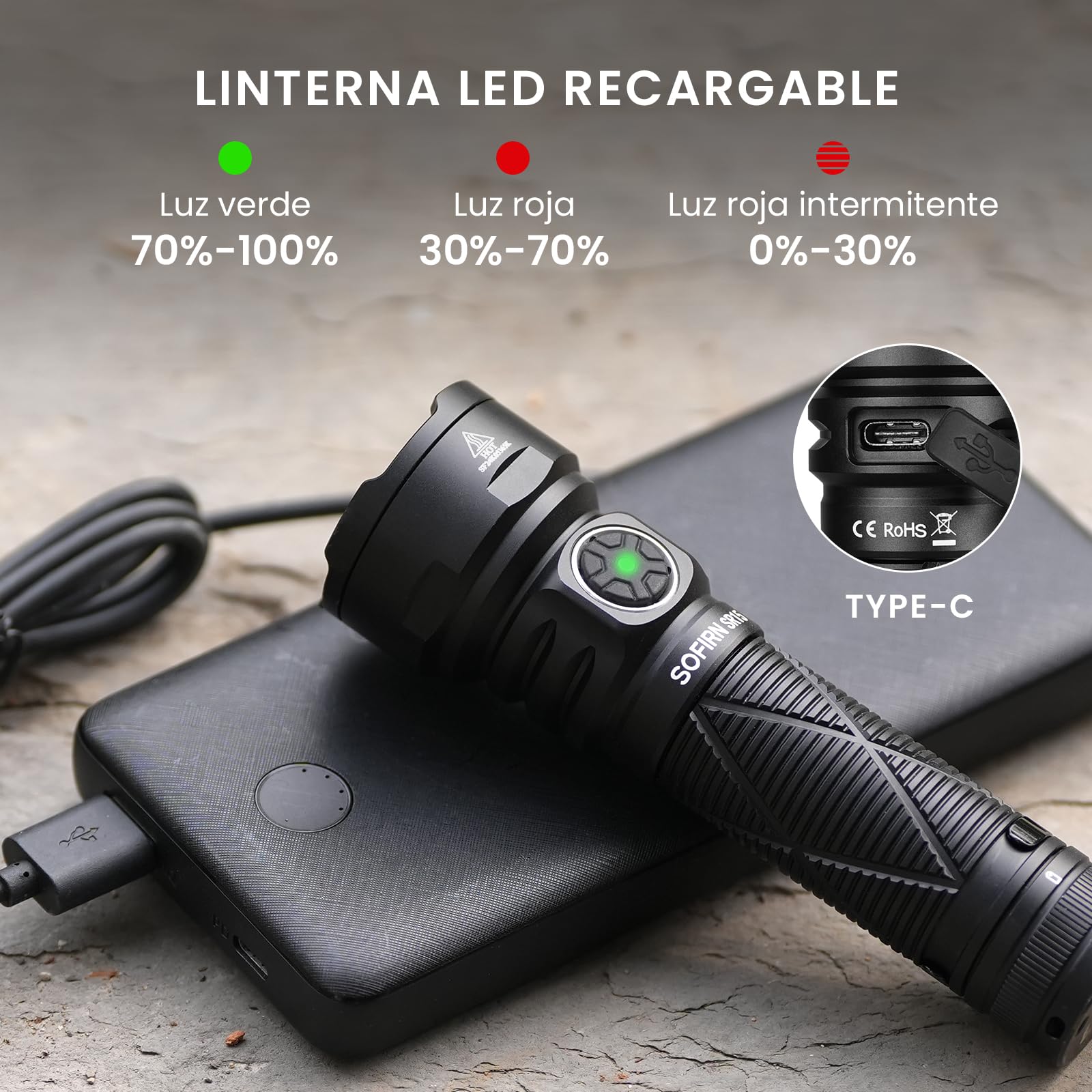 Sofirn SR15 Linterna LED Recargable, 4500 Lúmenes, 510 m Alcance, Linterna Tactica con 8 Modos, USB-C, IPX8 Impermeable, Base Magnética, Clip y Diseño Compacto para Trabajo, Emergencias y Uso Diario