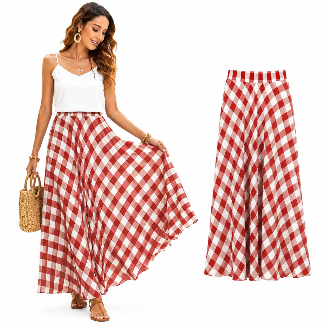 Cemssitu Women's Red Boho Skirts For Gingham Plaid Maxi Skirt, Flowy A-Line Elastic Waist Summer Beach Skirt (,M)