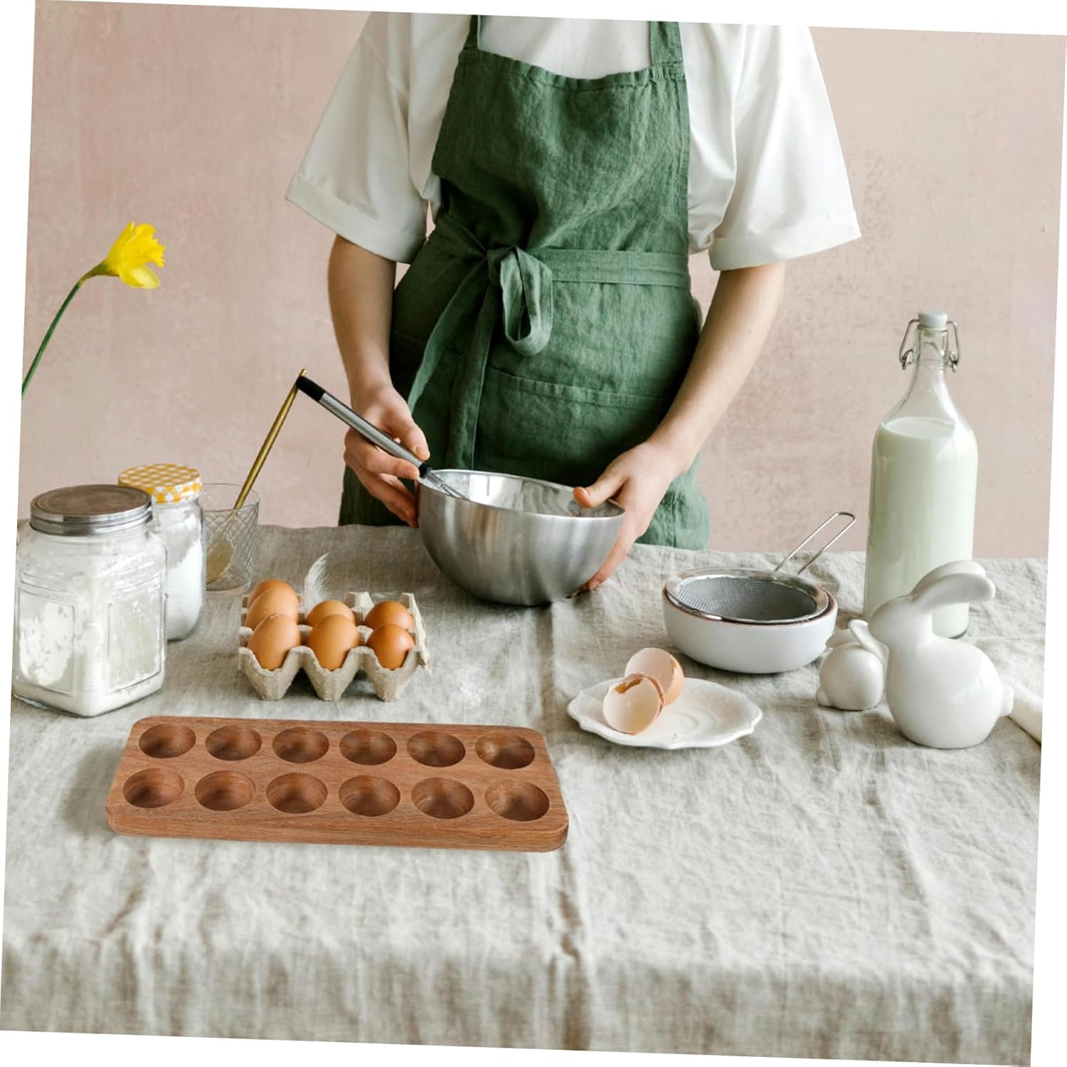 Amosfun 12holes Wooden Storage Tray for Kitchen and Refrigerator Organizer Smooth Finish for Safe Handling and Elegant Design for Countertop Organization and Fresh Gathering