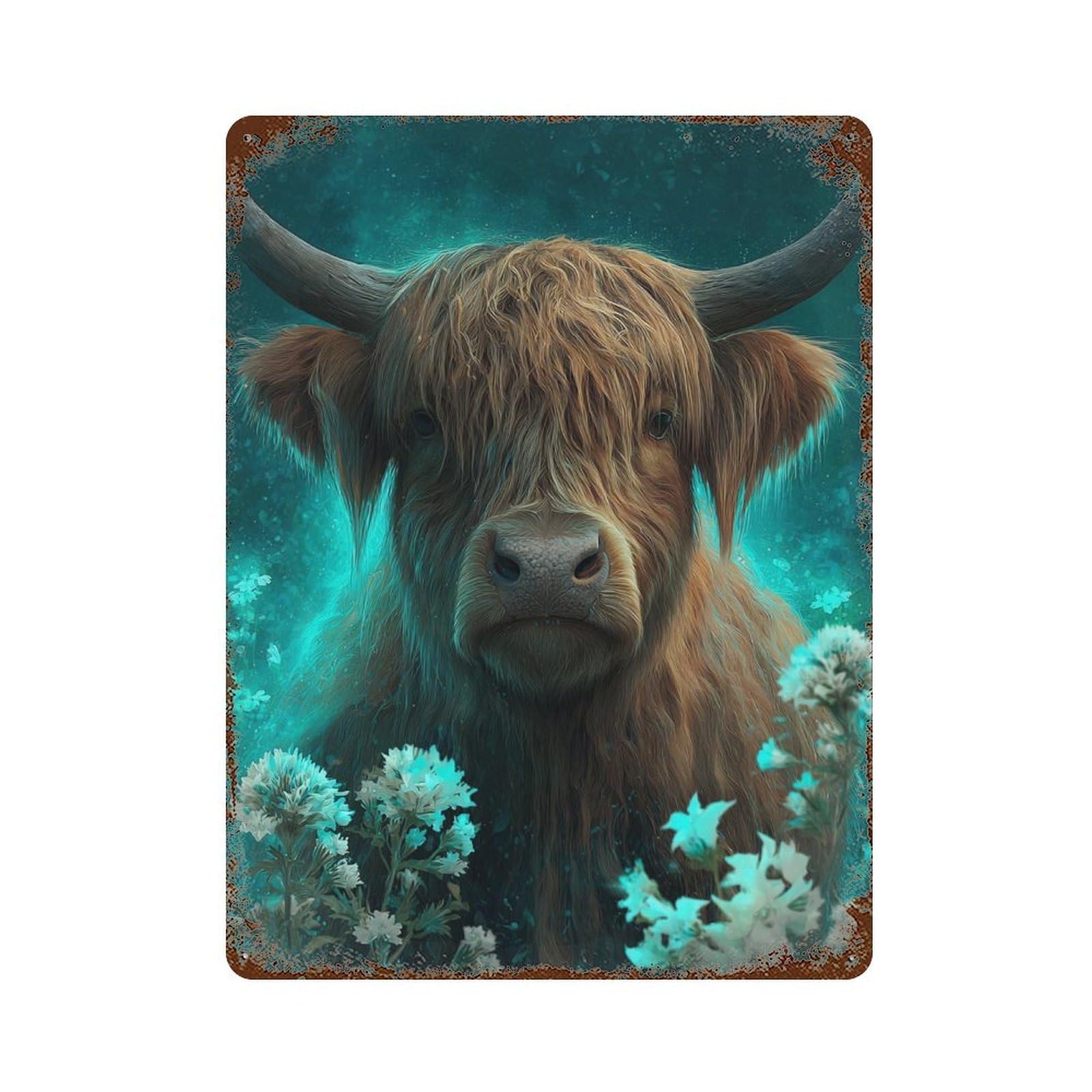 Highland Cow with Flowers Decorative Tin Sign 15.7"x11.8", Vintage Wall Decor for Garage, Pub Or Kitchen