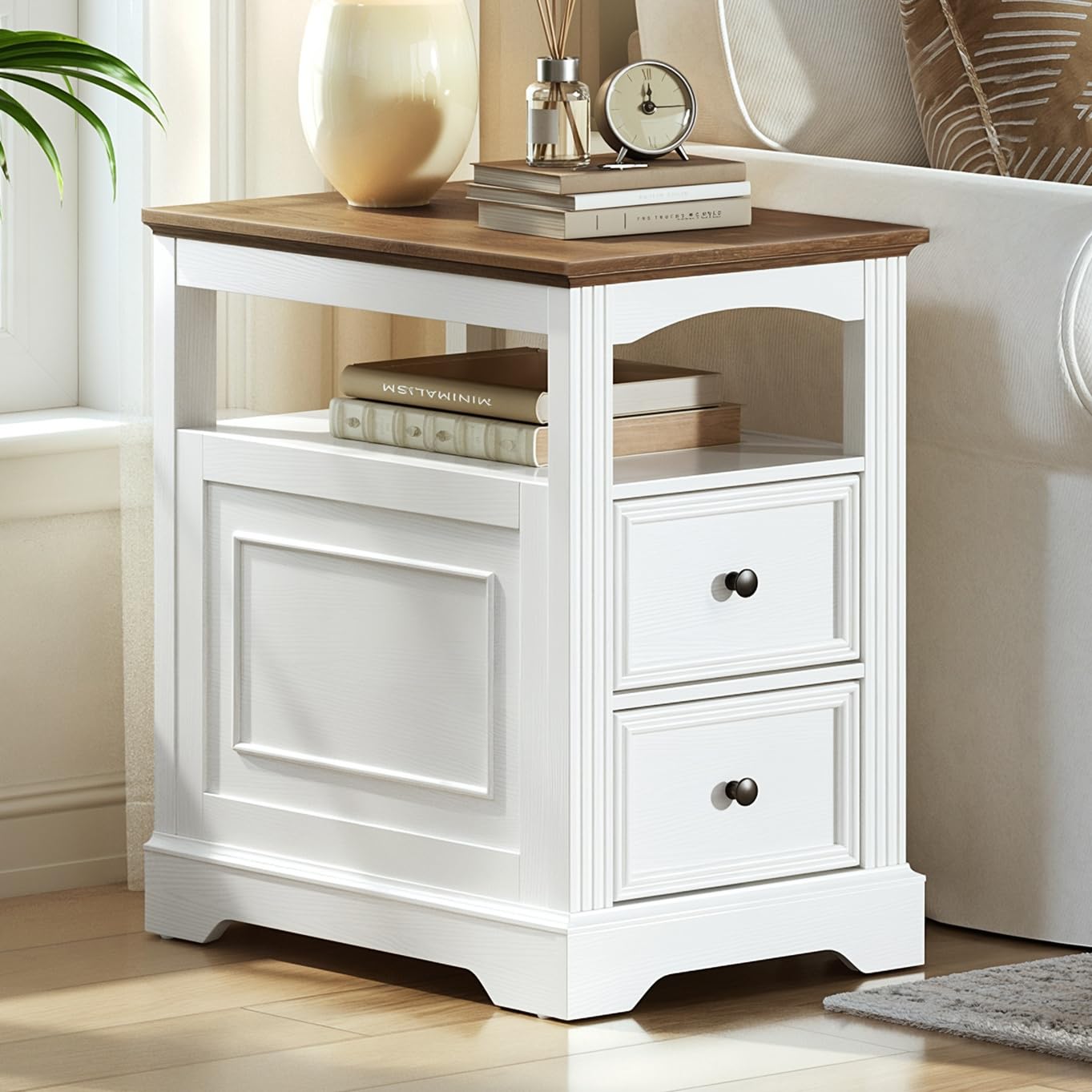 RALGEND Farmhouse End Table with 2 Drawers, Narrow Sofa Side Table with Storage and Open Shelf, Wooden Nightstand for Small Spaces, Bedroom, Living