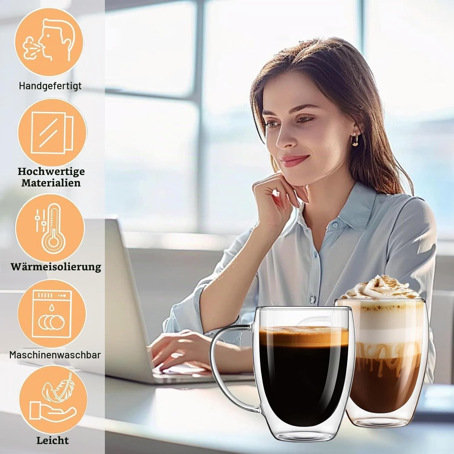 Doppelwandige Kaffeegläser, Set von 4 Cappuccino Latte Teetassen mit Griff, 350ml hitzebeständiger Thermobecher, für Heiße/Kalte Getränke, Spülmaschinenfest, Perfekt für Espresso