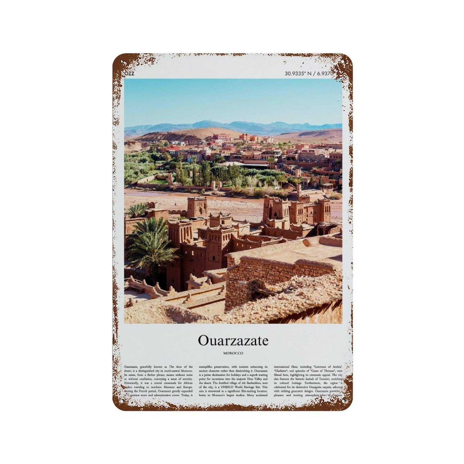 xiaoxiaoshen Ouarzazate Morocco City Scenery Wall Decor Art Metal Tin Poster Modern Home Decor Art Home Bar Shop Decorations Vintage Sign 30x20cm