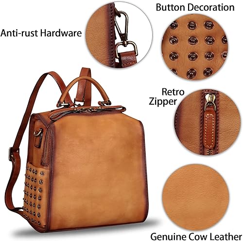 Miniatura 6 de Mochila de cuero genuino para mujer, mochila convertible para mujer, mochila cruzada casual, bolsa de hombro, bolso de mano, Marrón, Mochilas Daypack