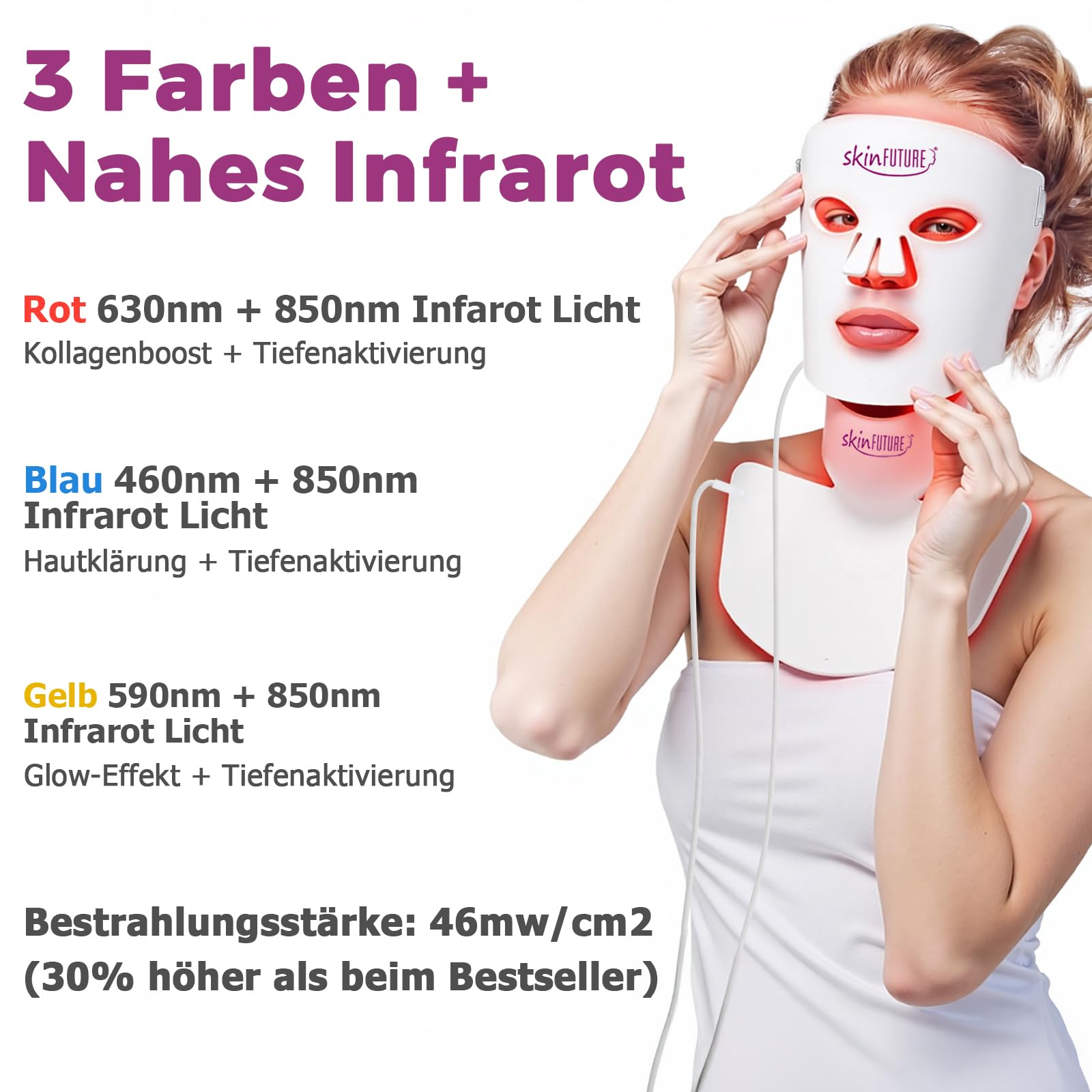 LED Maske Gesicht Gesichtsmaske für Gesicht, Hals & Dekolleté – 480 LEDs, 4 Lichtmodi (Rot, Blau, Gelb, Nah-Infrarot-NIR) – Anti-Aging Lichttherapie gegen Falten, Akne & für strahlende Haut