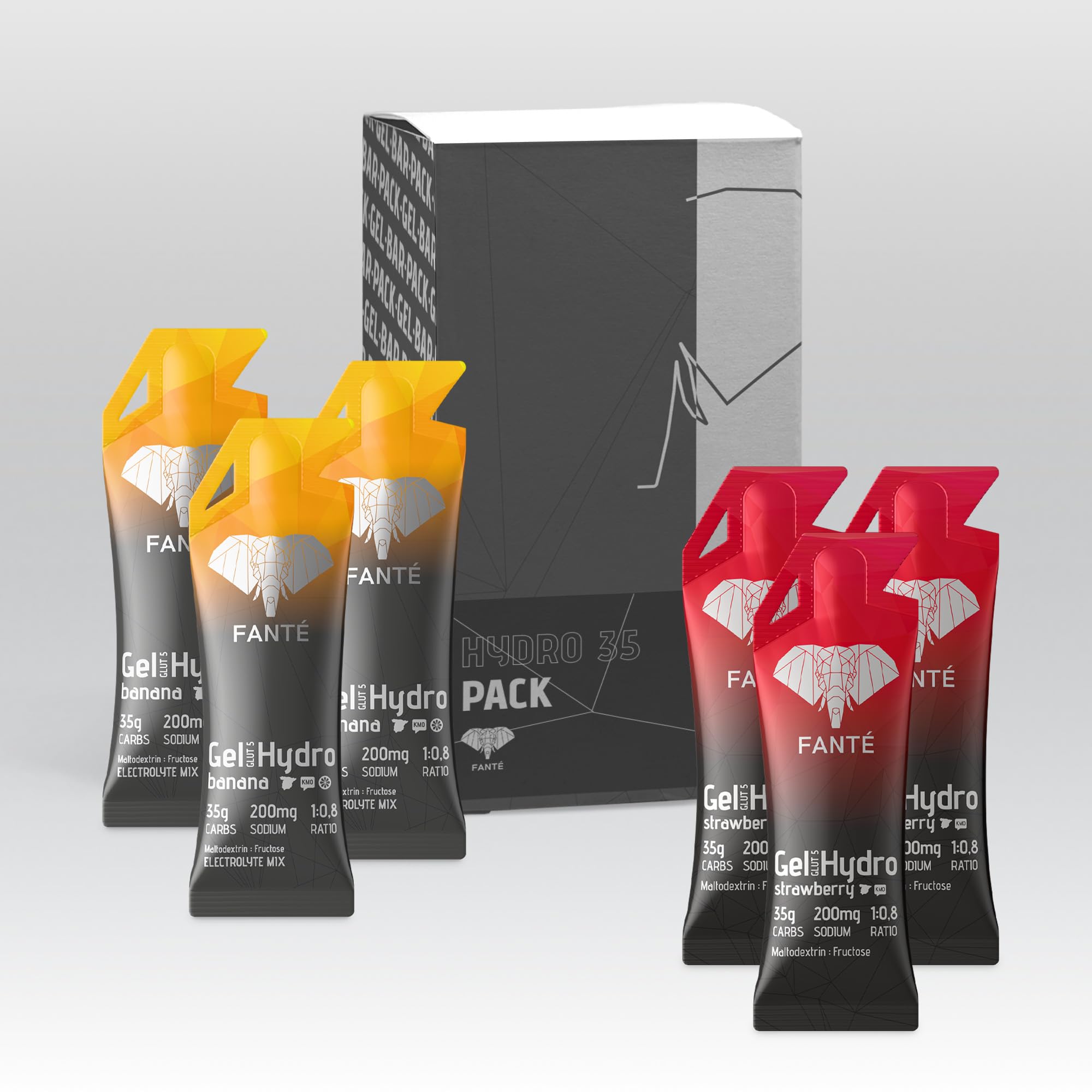 FANTÉ Pack Hydro 35 | 6 Geles Energéticos con 35 g de Carbohidratos | 3 Unidades de Cada Sabor para Running, Ciclismo y Resistencia