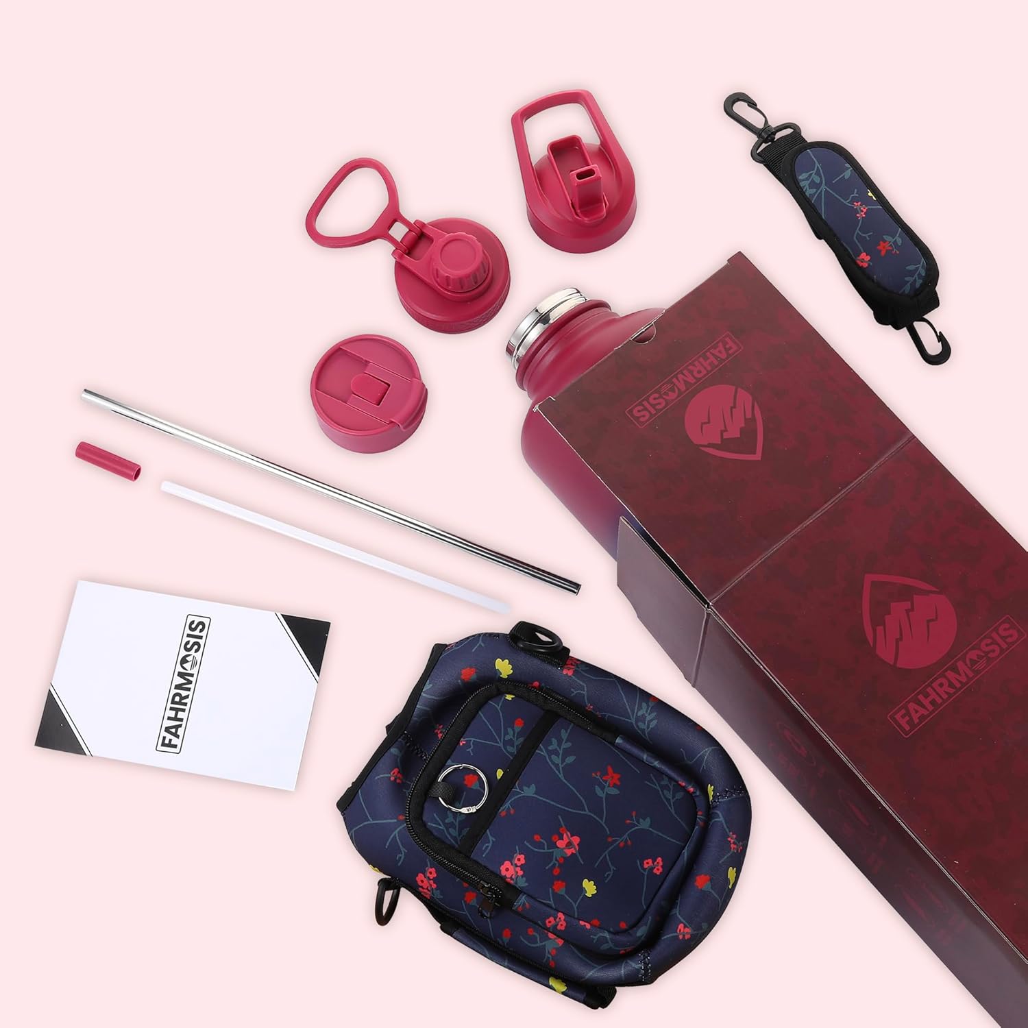 64 Oz Insulated Water Bottle with Strap Stainless Steel Sports Water Bottle with 3 Lids (Straw, Chug and Flip Lid) Leak Proof Metal Half Gallon Jug for Men & Women - Red Fusion - Image 6