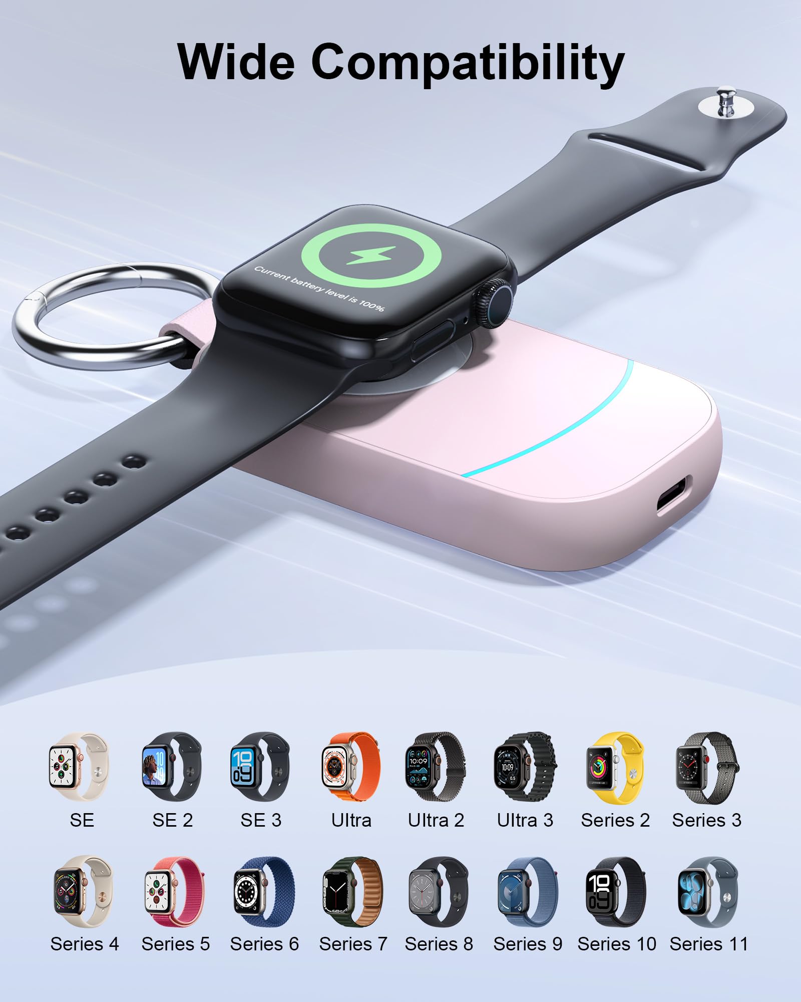 Różowa przenośna ładowarka do Apple Watch z brelokiem - prezenty urodzinowe dla kobiet, mamy, żony i nastolatek