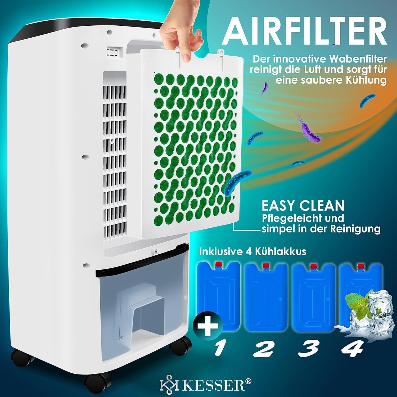 KESSER® Mobile Klimaanlage 4in1 Luftkühler – Air Cooler mit Fernbedienung & Timer, 10L Wassertank, Ionisator & Luftbefeuchter, Ventilator Klimagerät ohne Abluftschlauch, 3 Stufen inkl. Kühlakkus
