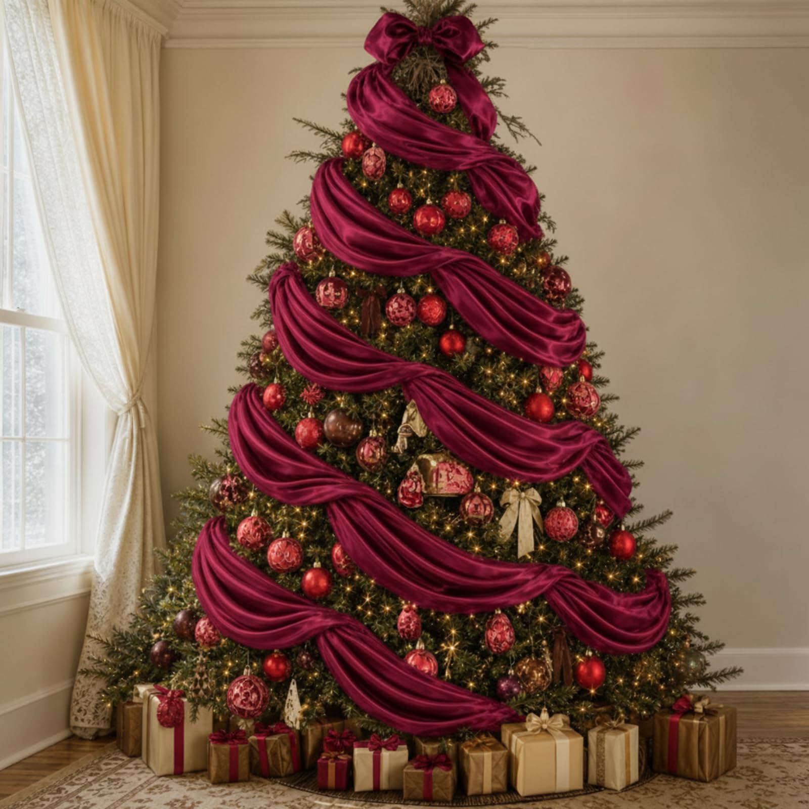 65.6 ft Burgundy Satin Ribbon Garland for Christmas Tree Decor Wide 11.4"