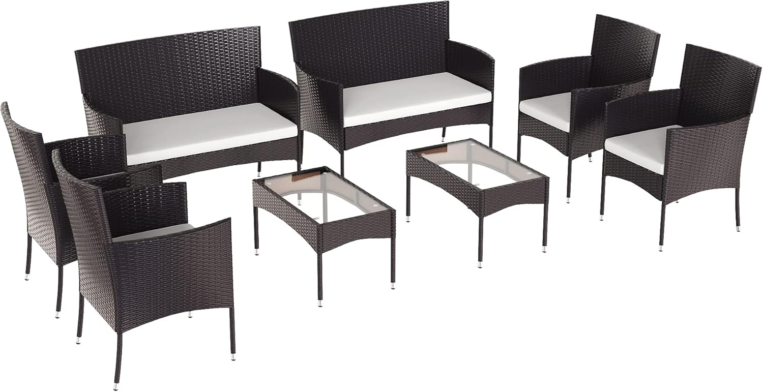 UNIROI 8 Pieces Rattan Furniture Set, Outdoor Wicker Patio Conversation Sofa w/Chair, Loveseat and Tempered Glass Coffee Table, Suitable Backyard Poolside Lawn Pool Garden Porch, Dark Brown : Patio, Lawn & Garden