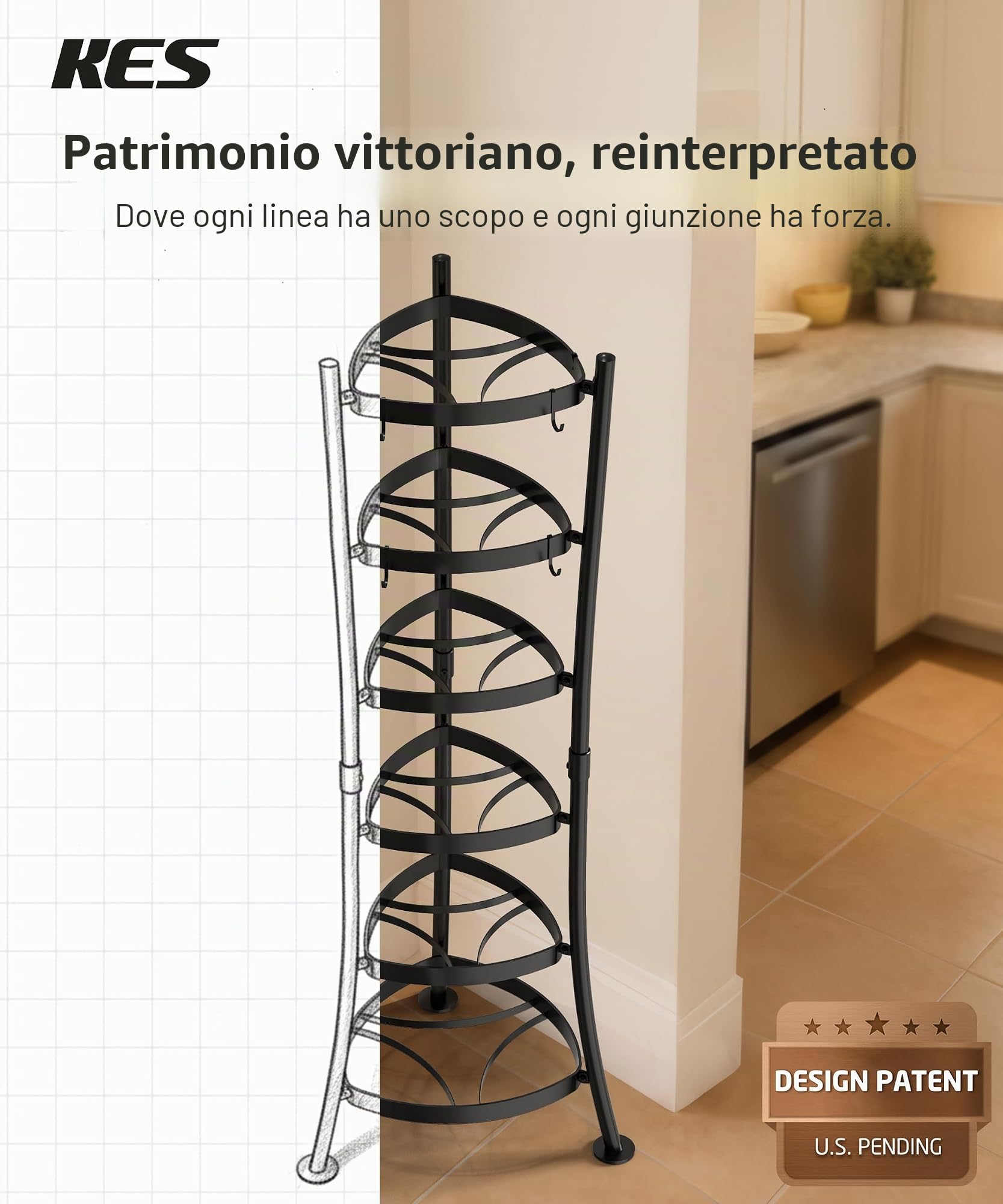 KES KUR531S6-BK KUR531S6-BK - Supporto per pentole in ghisa a 6 ripiani con 6 ganci, pentole e padelle, base stabile, cinghia anti-ribaltamento e protezioni per pavimenti nero, capacità 119,7 kg