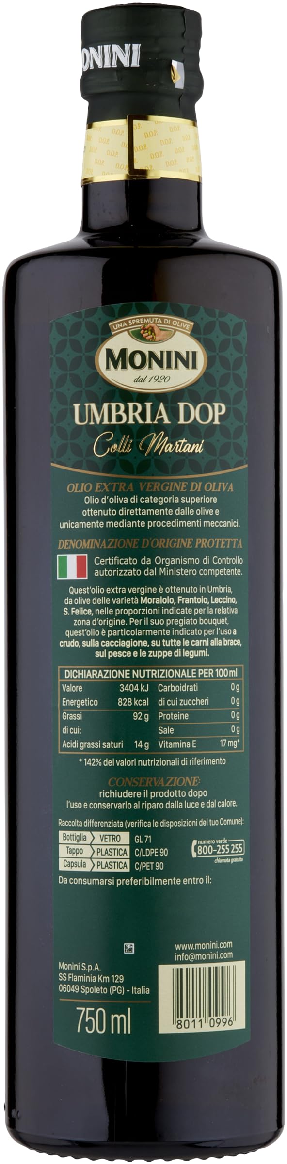 Monini Olio Extra Vergine di Oliva D.O.P. Umbria, Gusto Deciso e Retrogusto Legnoso, Pacco Da 6 X 750 Ml