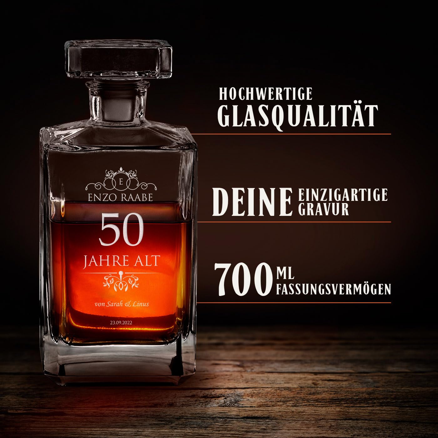 Maverton Whiskey Karaffe + 4 / 6er Whiskygläser Set mit Gravur - 700ml Whisky Dekanter - Geschenk zum Geburtstag für Damen - Weihnachtsgeschenke - Jahre alt