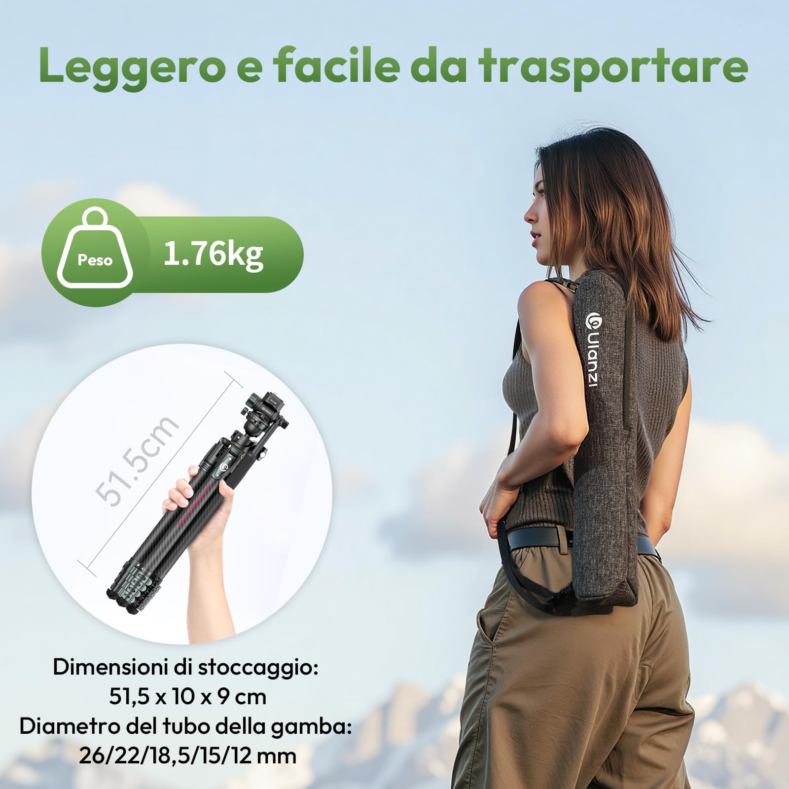 Ulanzi JJ06 GlideGo Treppiede da viaggio in Fibra di Carbonio, Pan&-50°/+60° Tilt Pan, Pesa 1.76kg, Portata 18kg, Altezza 187cm, Uka quick release, Compatto cavalletto fotografico per DSLR/Mirrorless