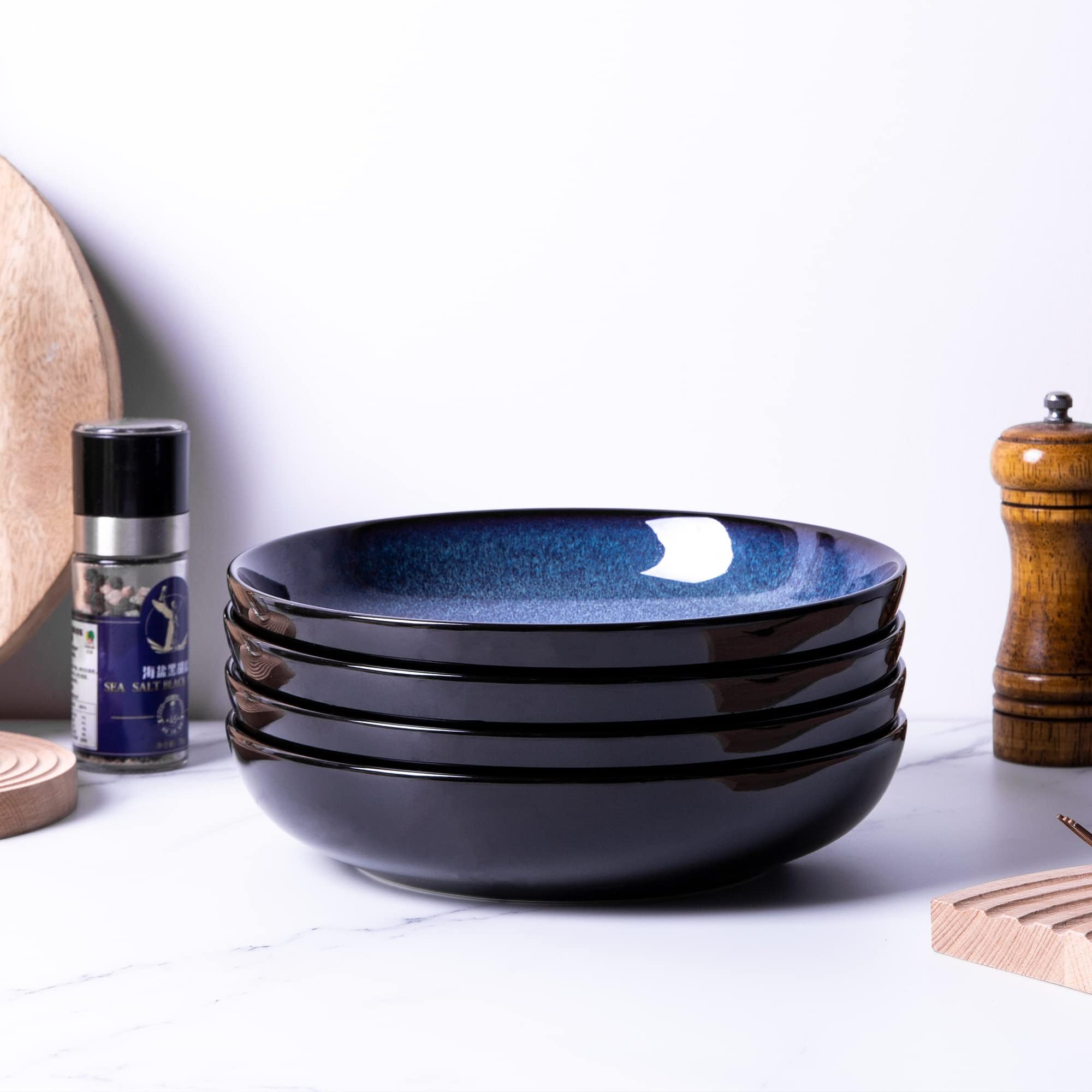LeRatio Lot de 6 grands bols à pâtes de 22 cm, assiettes profondes en grès résistant aux rayures, bols à soupe et nouilles modernes, passent au micro-ondes et au lave-vaisselle, bleu spatial
