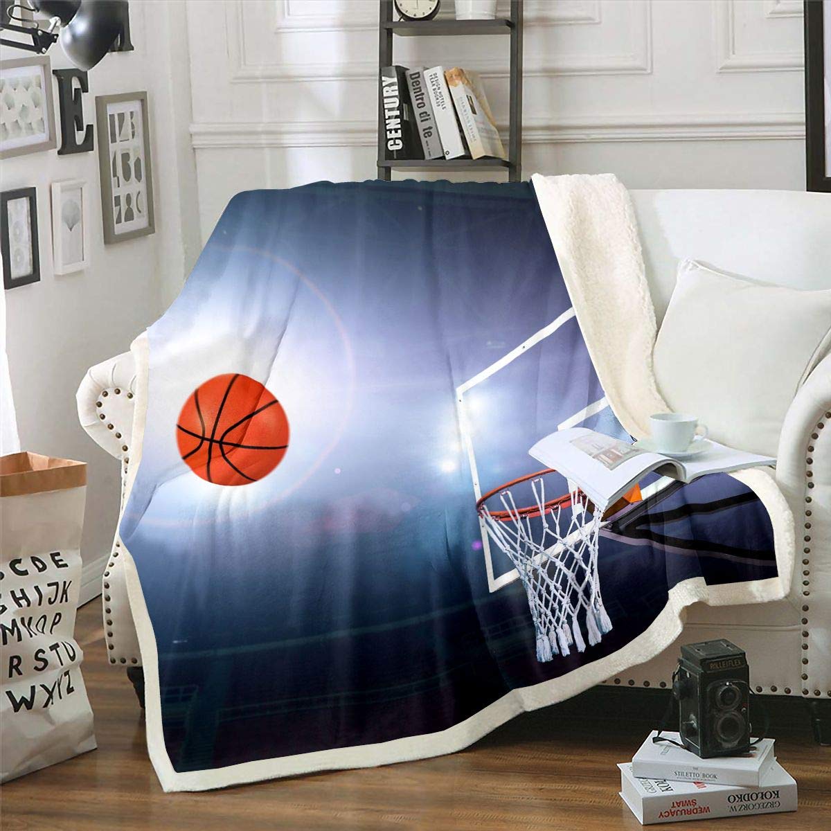 Homemissing Boys Multi 8 ' Basketball Fleece Throw Sherpa Blanket For Kids-Teens-Men, 3D Ball Theme, Bright Decor, Fuzzy, 60X79 Inch