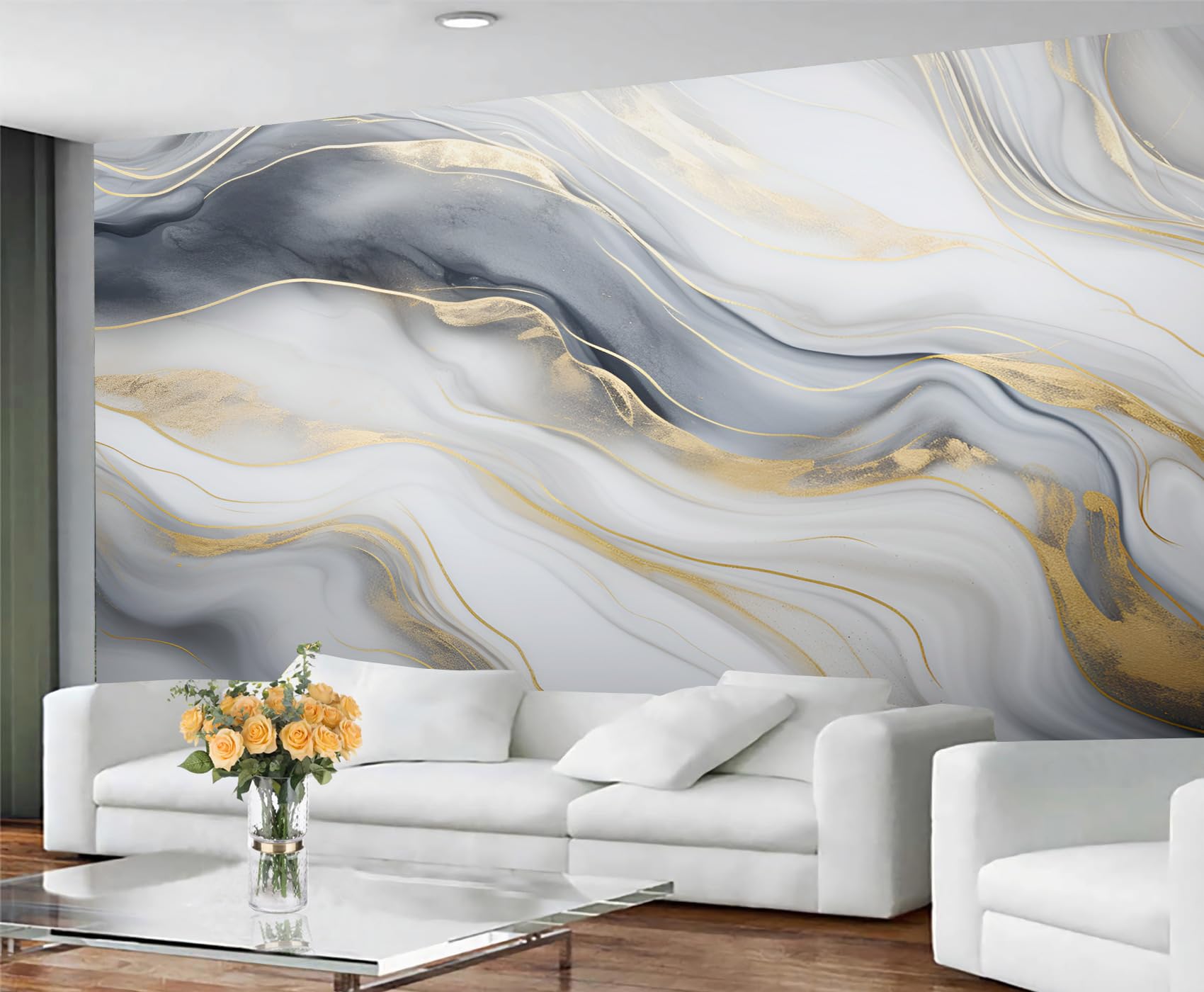 YXQAIED Marble Wallpaper, Minimalist Gray Bedroom Wallpaper, Luxury Marble Wall Paper for Living Room, Not Self Adhesive Gray Gold Photo 3D Wall Murals & Room Decor, 390x260cm