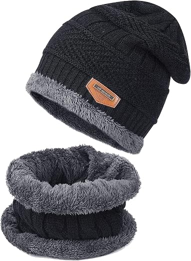 FF Winter Knit Beanie Cap Hat Neck Warmer Scarf and Woolen Gloves Set Skull Cap for Men Women - Winterwear Combo Set of Wo...