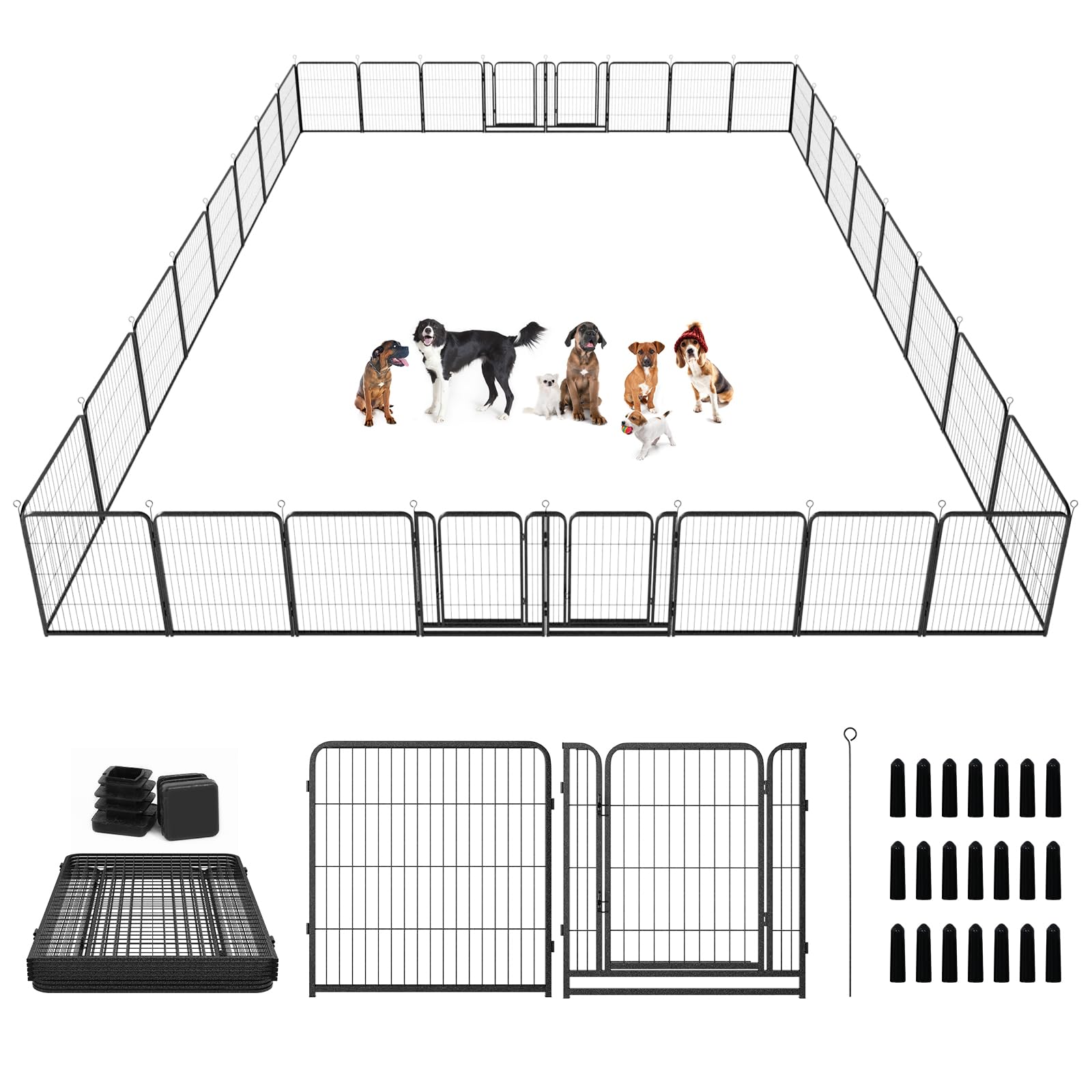 Dog Playpen Outdoor Extra Wide 32 Piece Panels Heavy Duty Dog Fence 40" Height Anti-Rust with Doors Portable for RV Camping Yard, Total 84FT, 561 Sq.ft, Snowy Black