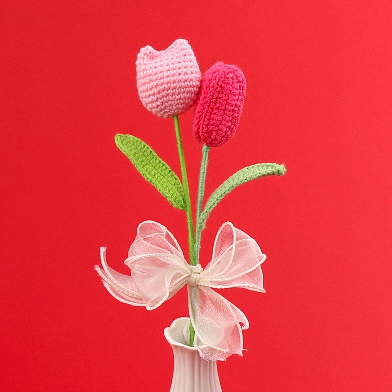 Hand Knitted Wool Tulips Flower Bouquet for Home Decoration and Gift Giving with Vibranting Color Crochet Flower Arrangement