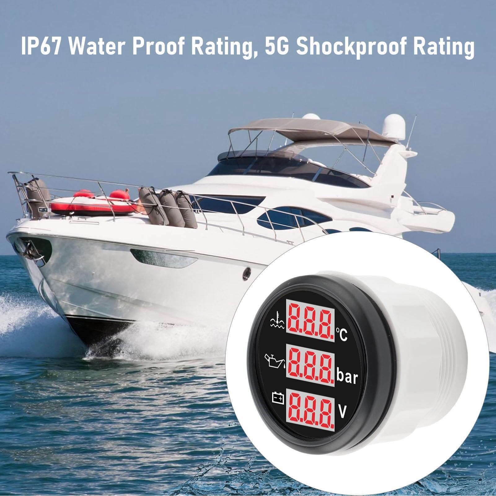 Generic Impermeabile 3 in 1 Temperatura del Liquido di Raffreddamento del Motore Pressione Dell'olio Batteria Voltmetro Misuratore Custodia in ABS 52 Mm per Yacht da Barca (Quadrante nero Coperchio