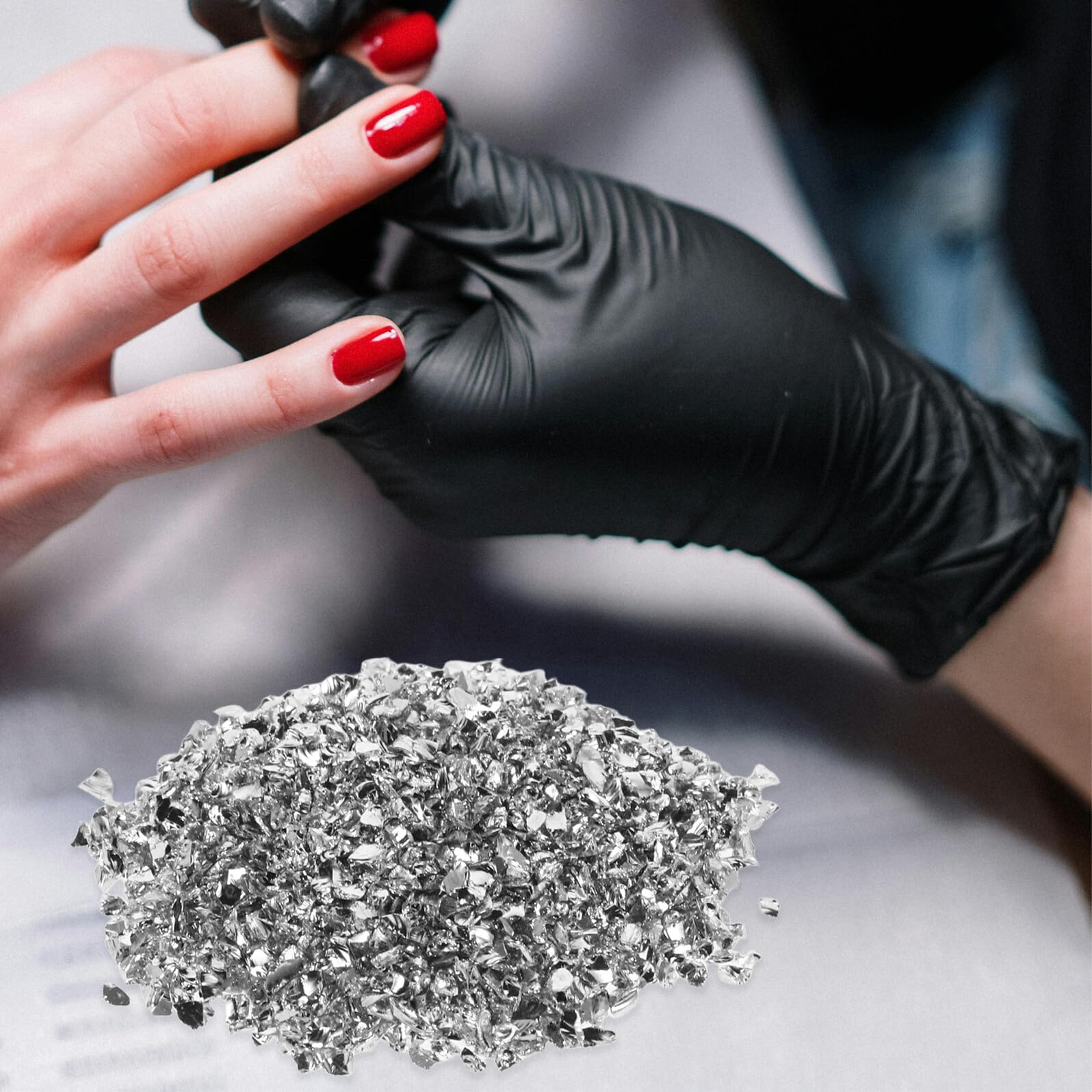 Alipis Purpurina para Manualidades y Decoración de Uñas Gemas Trituradas de Vidrio Metálico Plata, Alto Brillo y Bolsa de 200g para Arte de Uñas y Pintura Creativa
