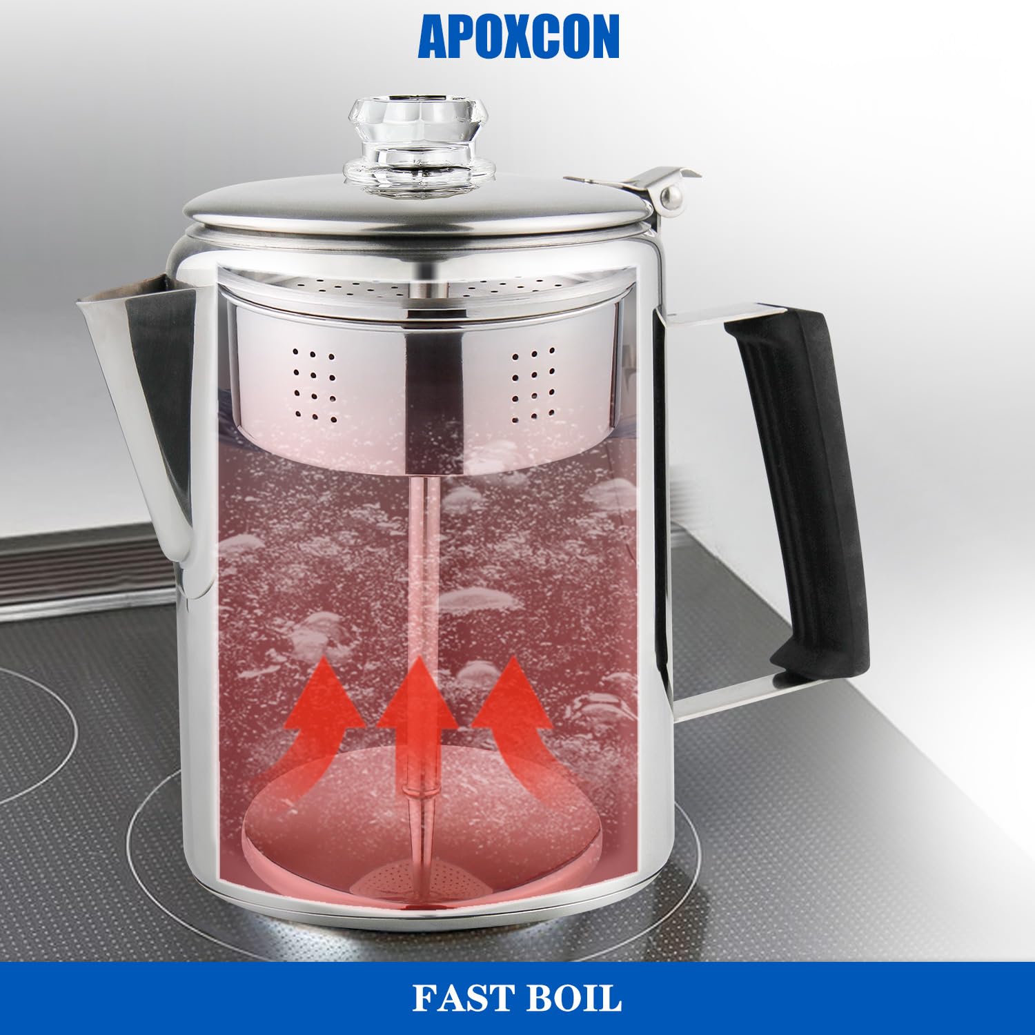 APOXCON Edelstahl-Kaffeemaschine mit hitzebeständigem, robustem Glasdeckel und Silikagriff, Camping-Kaffeekanne für Lagerfeuer – 9 Tassen