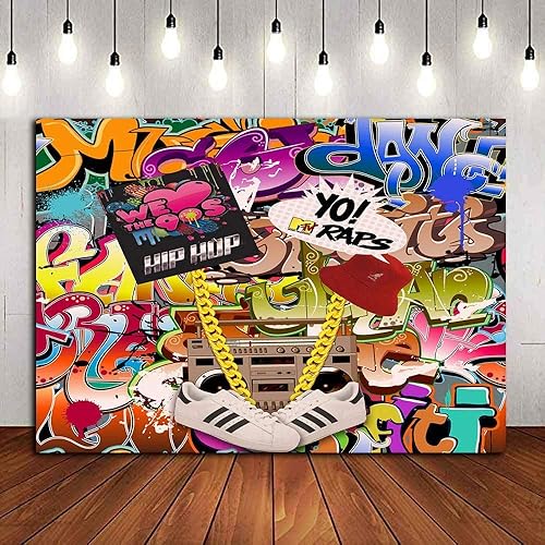 Miniatura 10 de Qian Fondos de fotografía con tema de graffiti de hip hop de 7 x 5 pies, decoración de fiesta de los años 80 y 90, accesorios de estudio