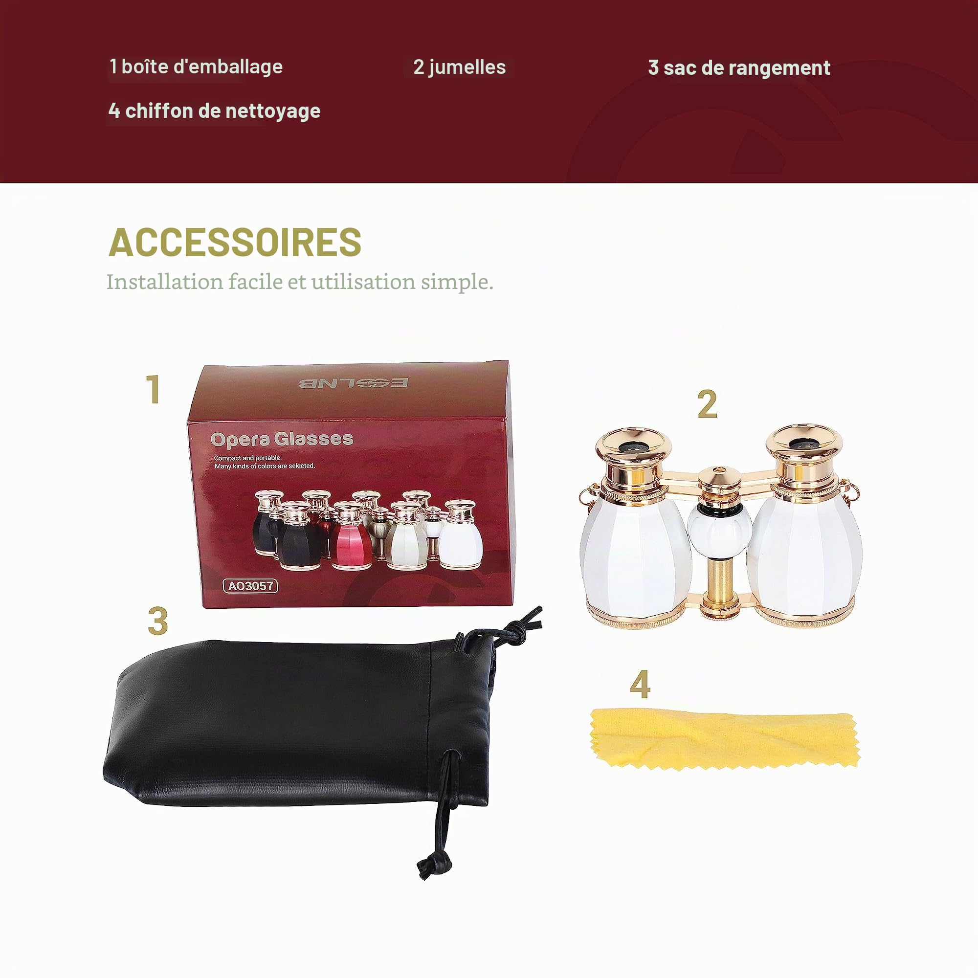 ESSLNB Jumelles de théâtre 4 x 30 avec chaîne et étui en verre optique pour femme - Pour théâtre, concert, cadeau pour femme (blanc)