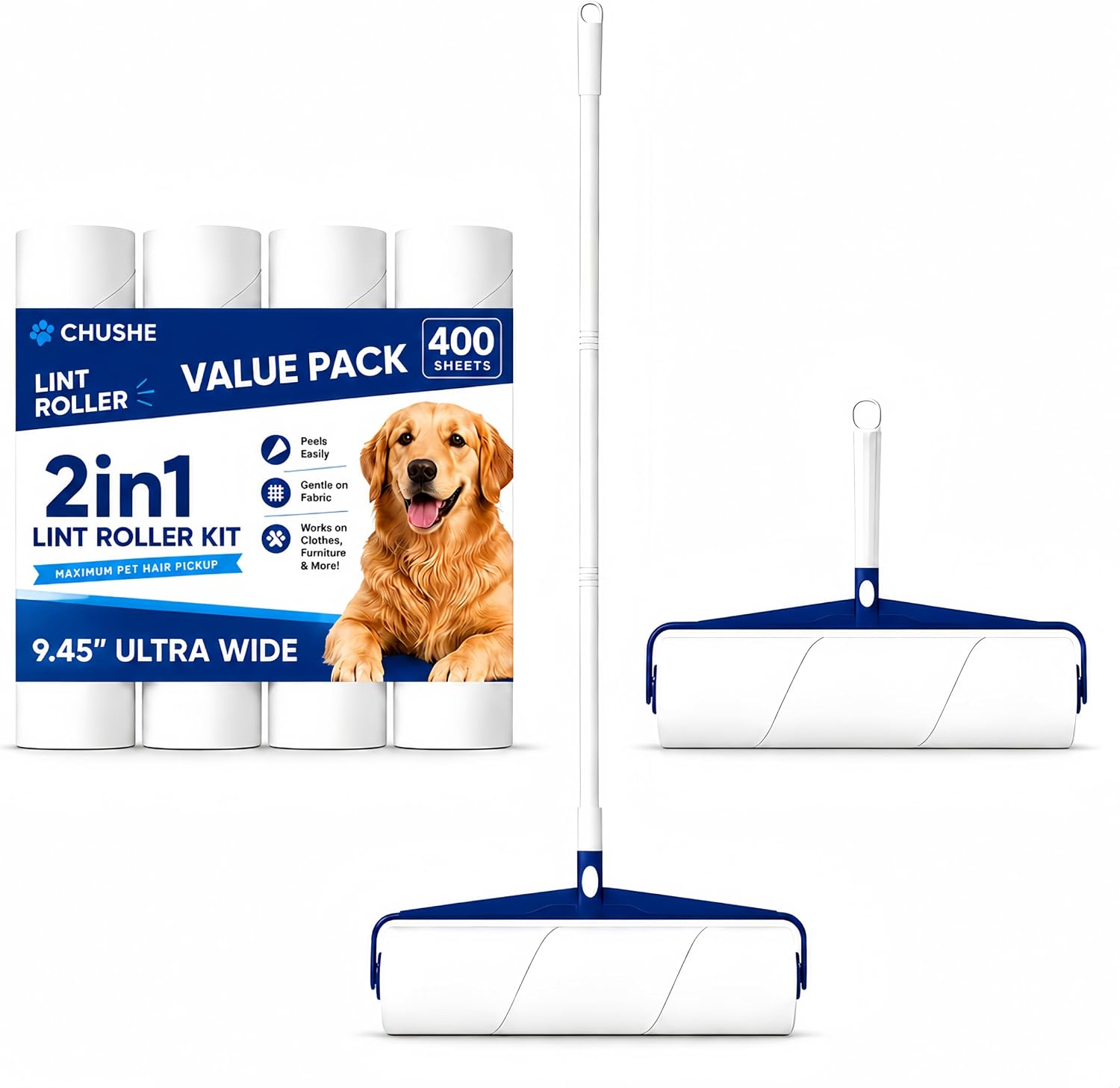 9.45" Wide Extra Sticky Lint Roller for Pet Hair, 2-in-1 Long & Short Handle Pet Hair Remover for Furniture, Carpet, Couch, Car Seats, Dog & Cat Hair, 4 Rolls 400 Sheets
