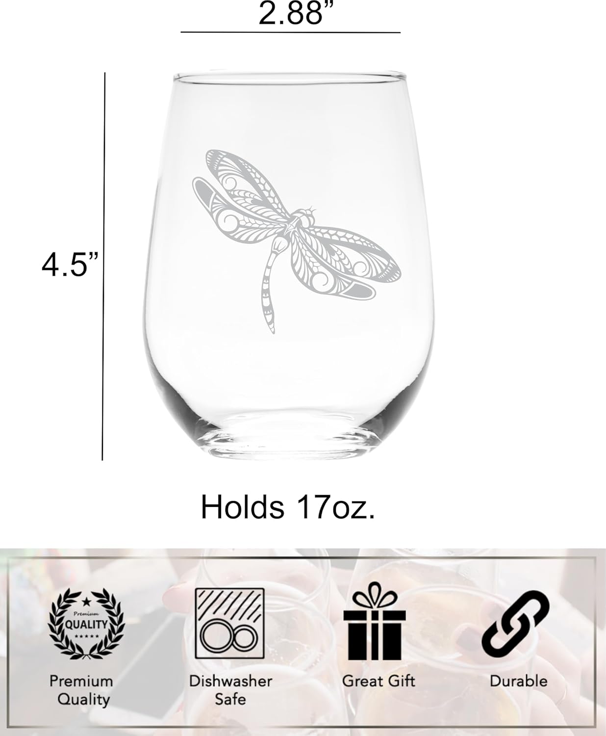 C M Dragonfly Stemless Wine Glass, 17 oz - Dragonfly Themed Gift for Men and Women - Image 5