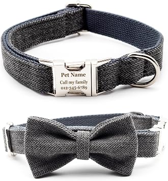 Personalized Dog Collar with Bowtie, Engraved Collar with Customized Text for Large Medium Small Dogs Gray Thick Suit