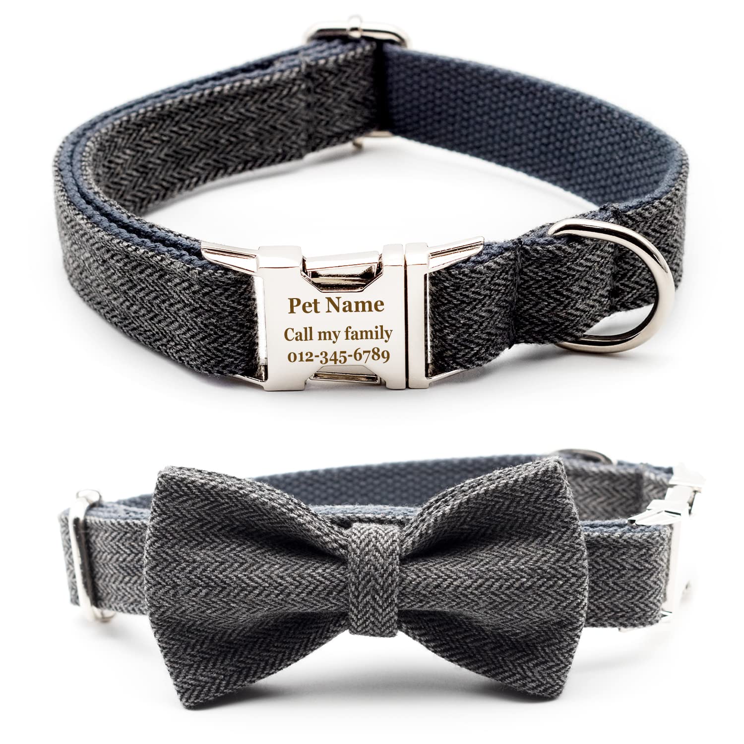 Personalized Dog Collar with Bowtie, Engraved Collar with Customized Text for Large Medium Small Dogs (Gray Thick Suit)