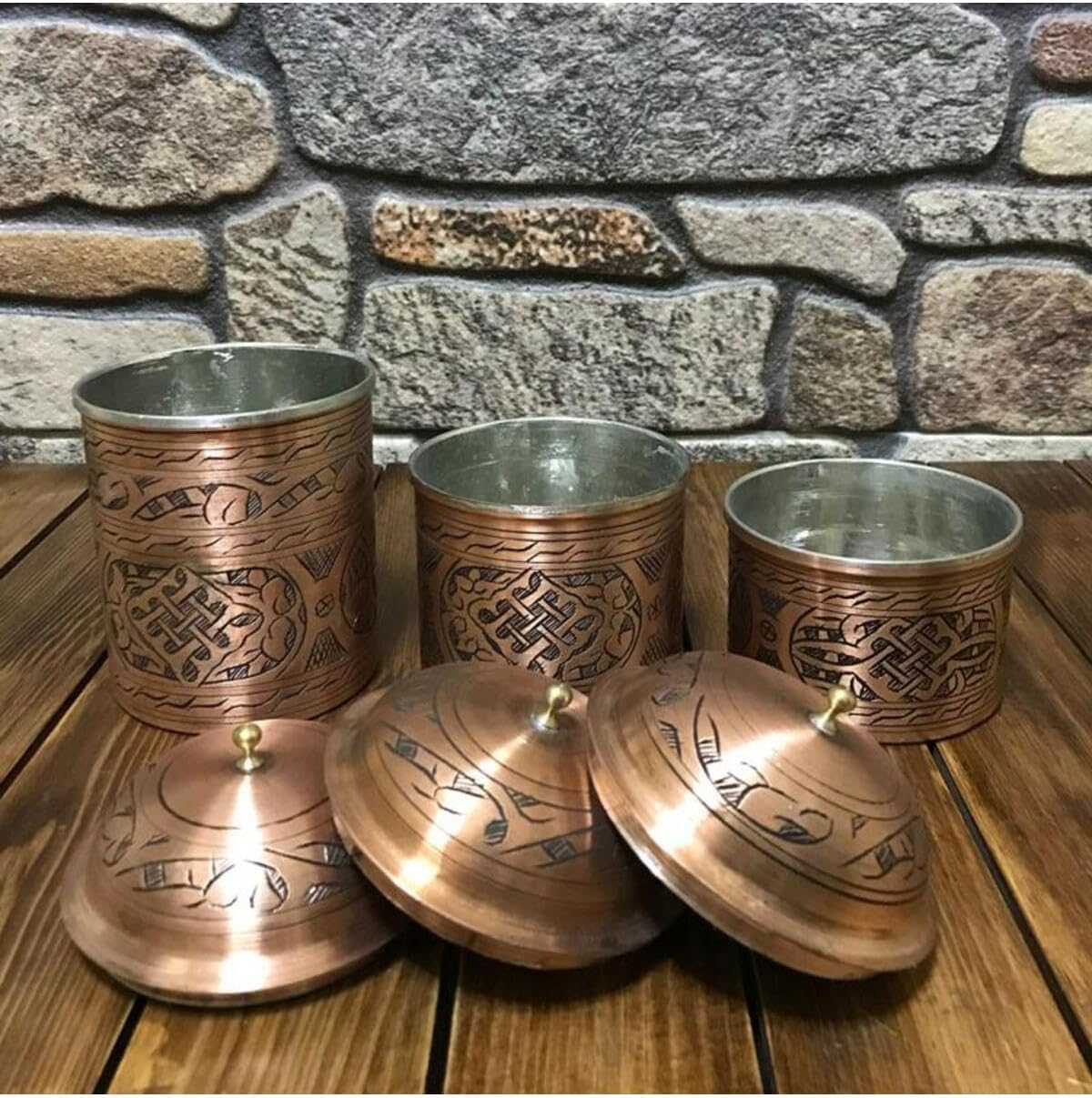 Embroidered Copper Spice Set 3 Piece, Traditional Turkish Design, Decorative Kitchen Storage for Spices, Herbs, and Seasonings - Multicolor, One Size
