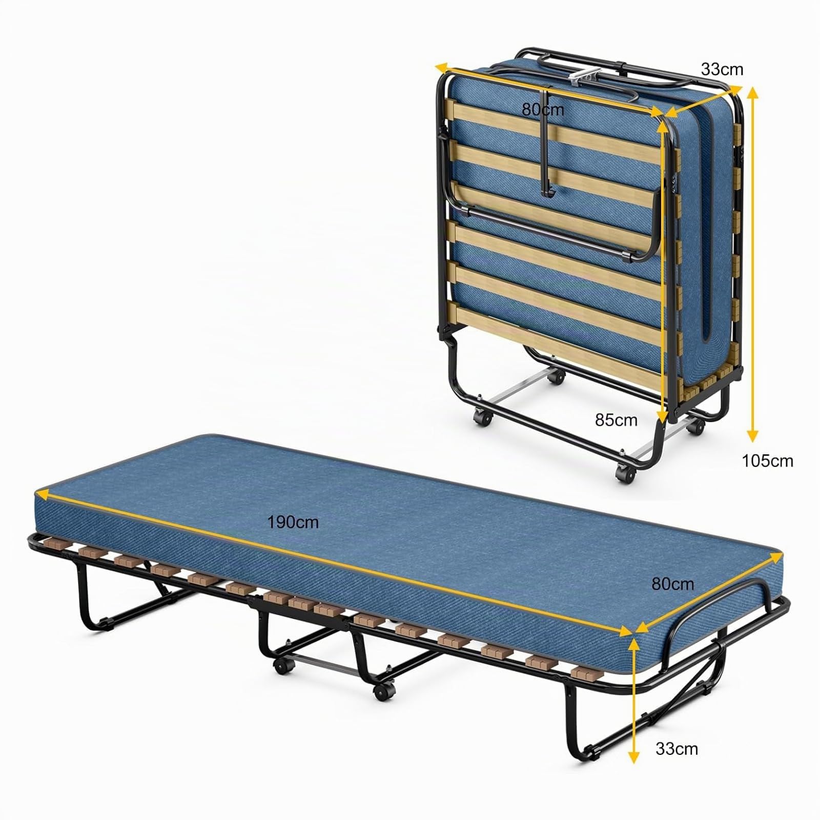 GIANTEX Gästebett klappbar, Klappbett 80x190cm Erwachsene, Einzelbett mit Matratze aus Memory-Schaum, Reisebett mit 4 Rollen, klappbares Bett Faltbett Metallbett Metallrahmen 130 kg belastbar (Blau)