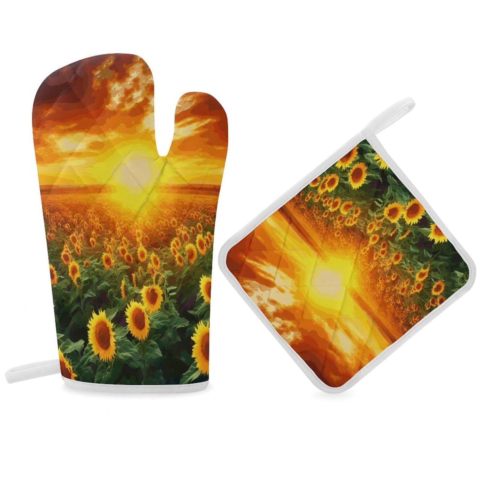 Fodpand Women's Style Dreamlike Sunset Of A Sunflower Field Oven Mitts And Pot Holders Sets,Oven Gloves For Kitchen Oven Mitts And Potholders For Baking Cooking Grilling Apartment Essentials