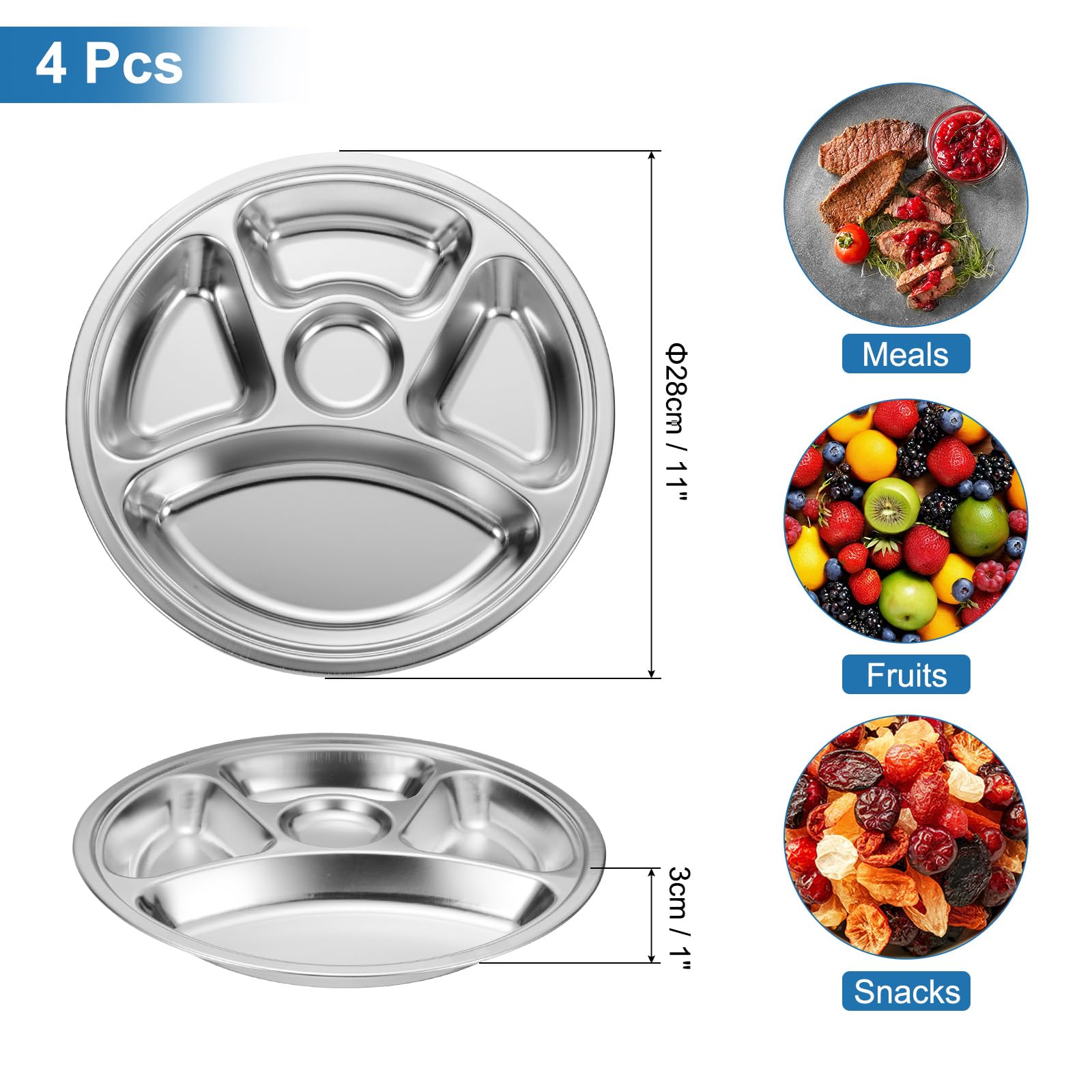 QUARKZMAN 4 Pezzi Piatti Da Portata In Acciaio Inossidabile Divisibili, 28cm/11 Vassoio Rotondo Con 5 Scompartimenti Per Ristorante Cucina Controllo Porzioni Campeggio, Argento