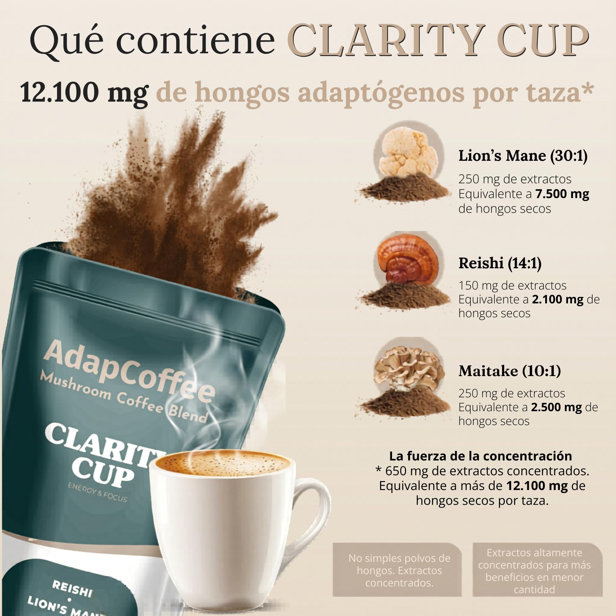 Clarity Cup – Café Instantáneo con Hongos Adaptógenos – Lion’s Mane, Reishi, Maitake – Enfoque y Vitalidad – Sabor Gourmet con Cacao Puro – 200 g – 50 Tazas