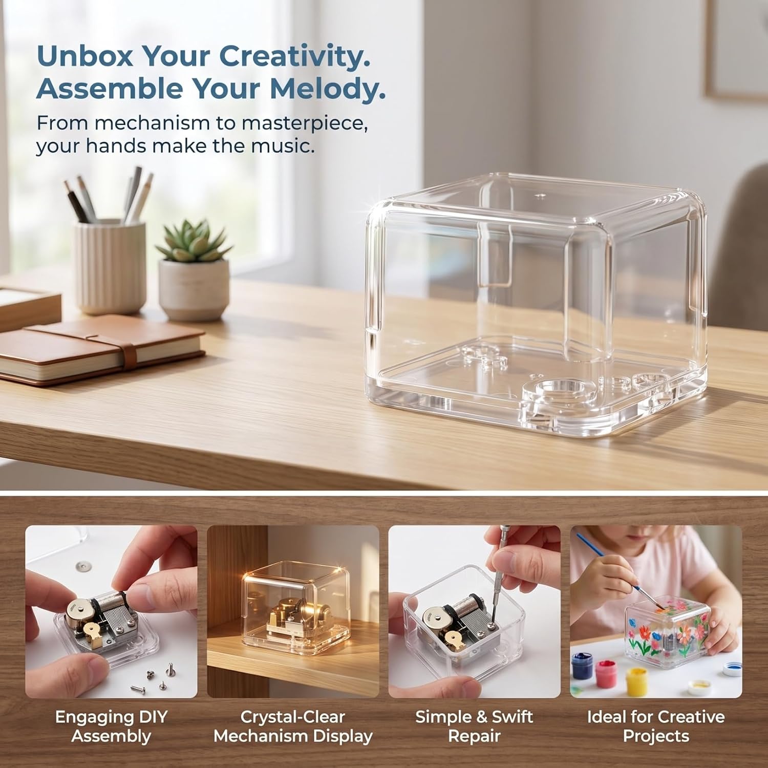 Transparent Music Box Kit 3Pcs Hand Crank Parts 2.36X2.00X1.49In DIY Assembly Repair Musical Box for Handmade Crafts