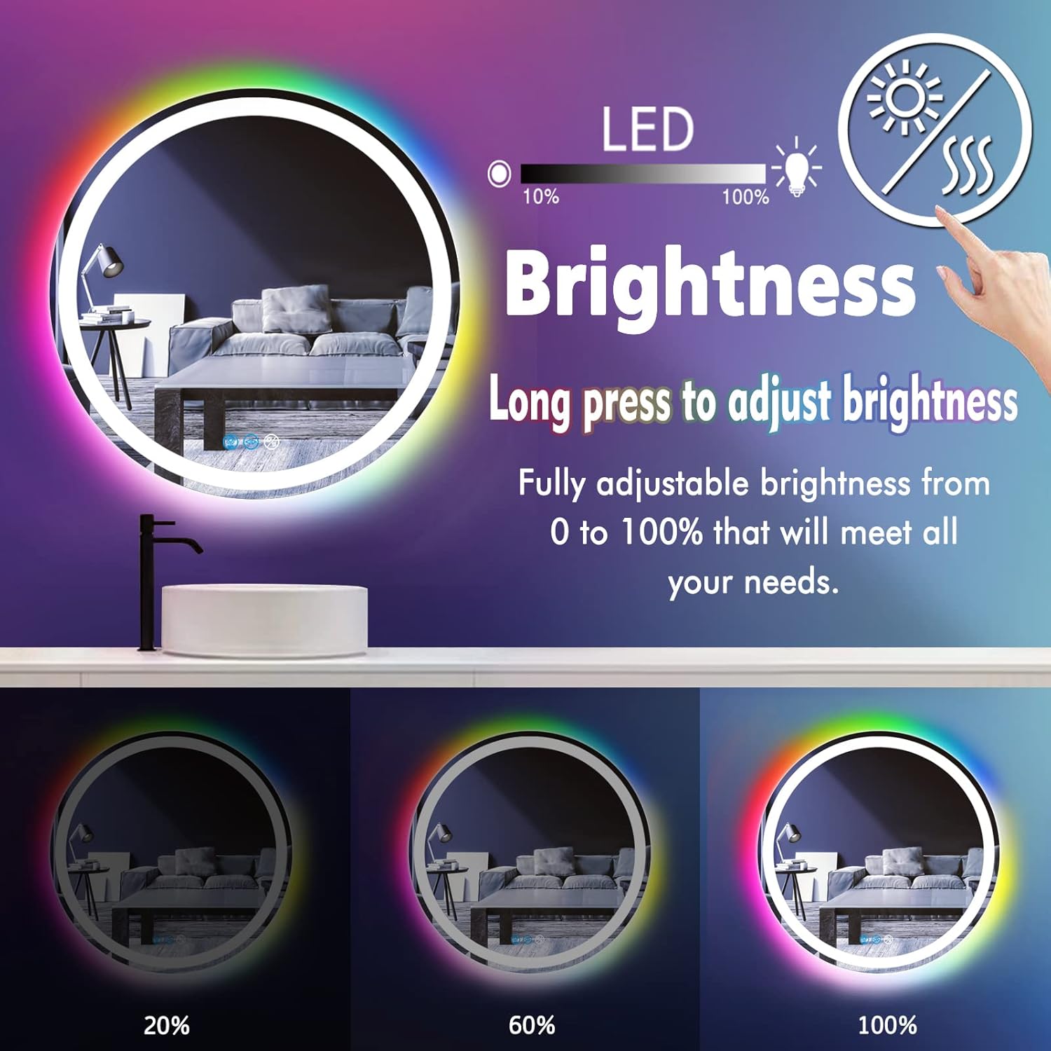 24 Inch Round LED Bathroom Mirror with Lights 3 Color+ Rainbow RGB 7 Color Changing Backlit Round Lighted Mirror for Bathroom Wall AntiFog 24 Mood Change Light RGB Smart Circle Round LED Mirror