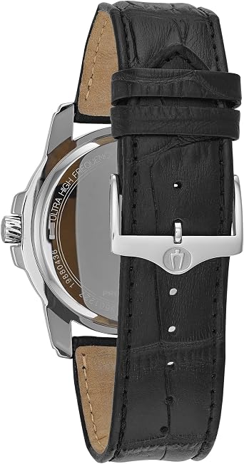 Bulova Men's Precisionist 3-Hand Calendar in Stainless Steel with Black Leather Strap and Black Patterned Dial Style: 96B158