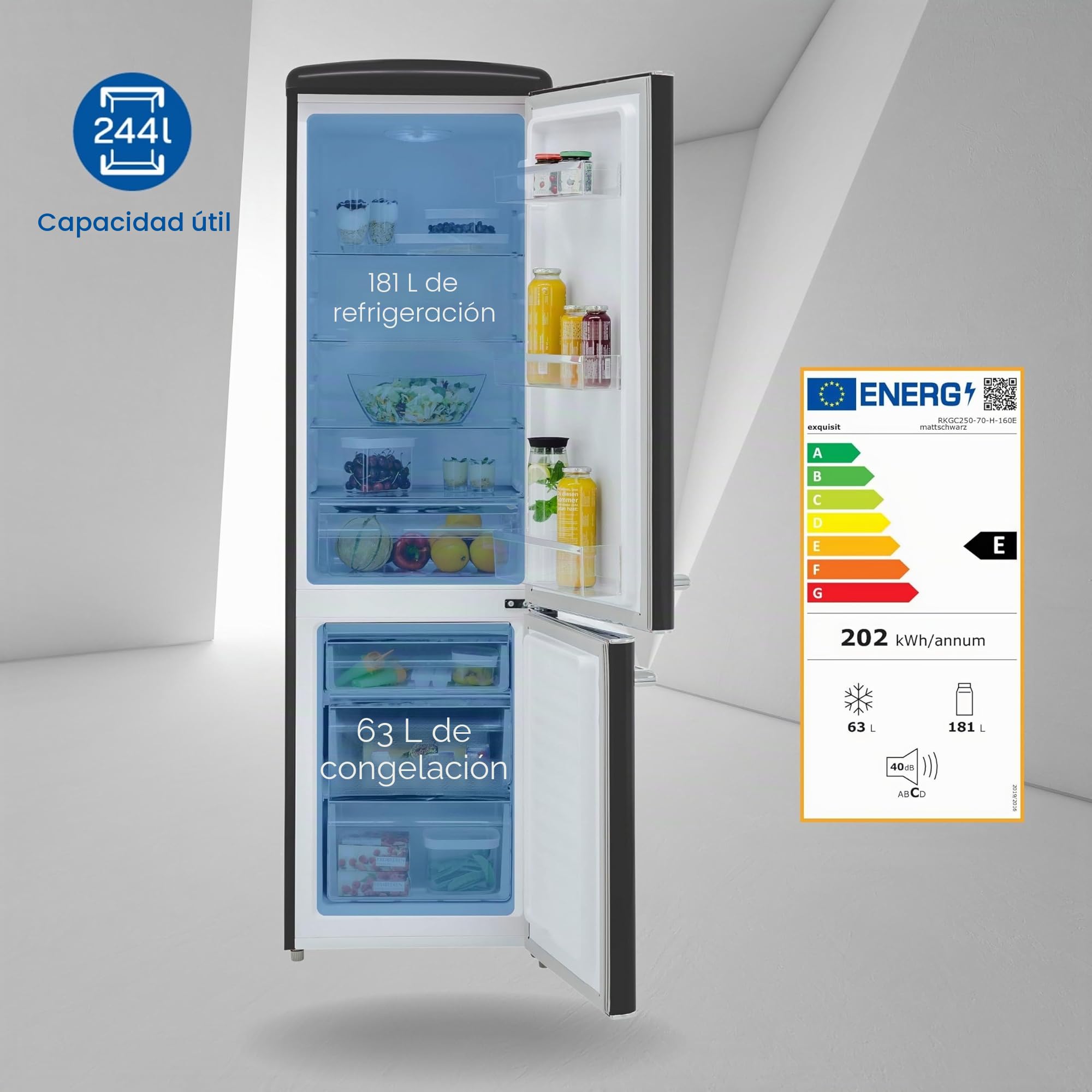 Exquisit® Frigorífico Combi Retro, 244L, Clase E, Color Negro Mate, Estantes de Cristal, Altura Regulable, Cajon Verdulero, Ruedas Traseras, Luz interna, Consumo 202 kWh/año, Medidas 183x54,5x57,5 Cm. | Frigorífico retro de 244 L, color negro, asas cromad