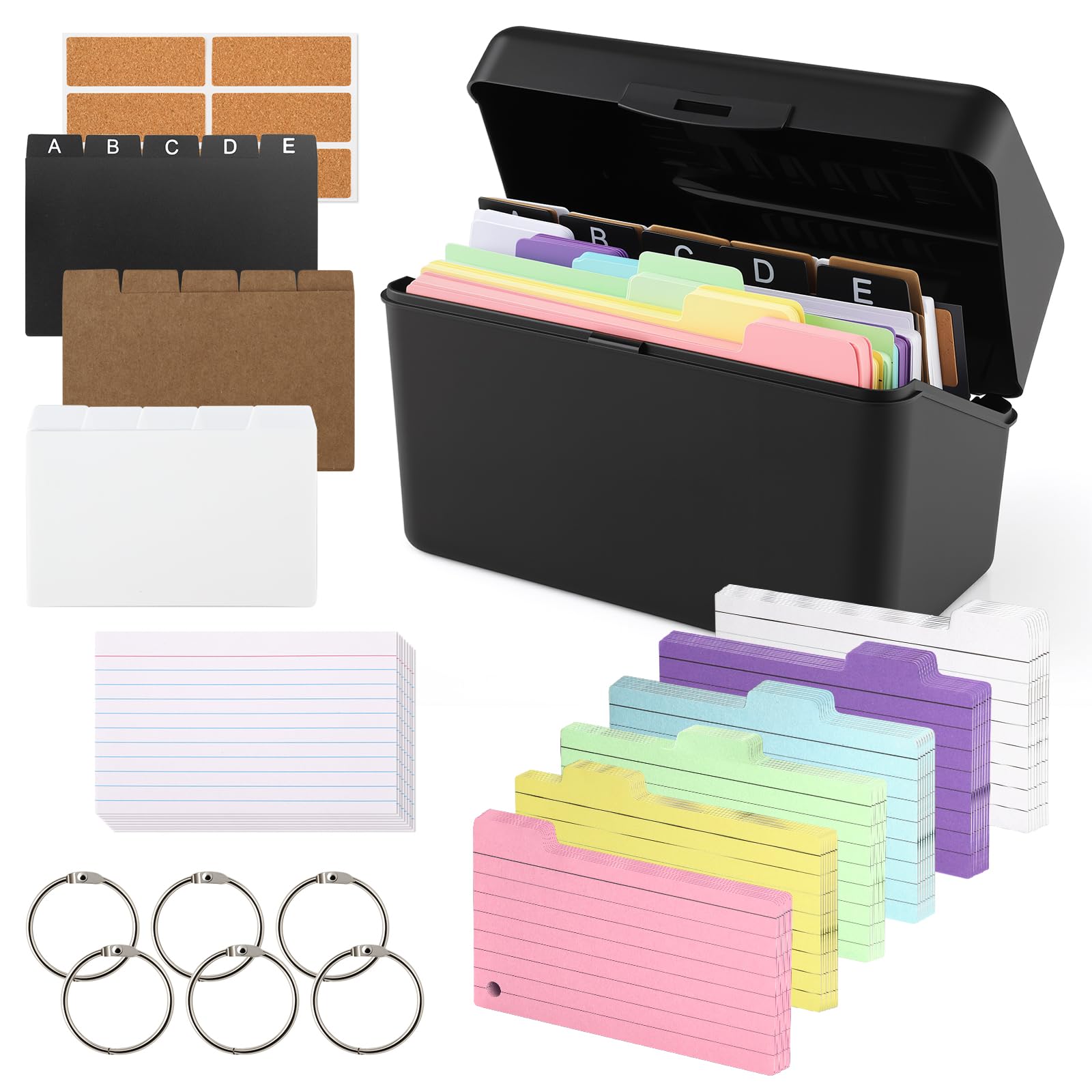 Kit Boîtes à Fiches Noir 230 Fiches Lignées Colorées 15 Registres 6 Anneaux