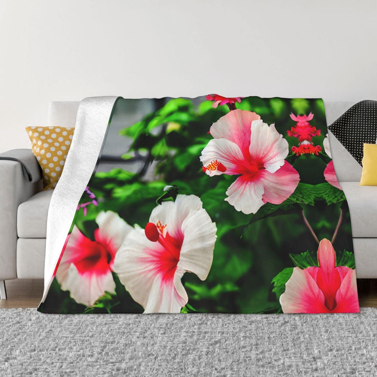 Couverture polaire fleurs d'hibiscus flanelle peluche douce lit canapé toutes saisons