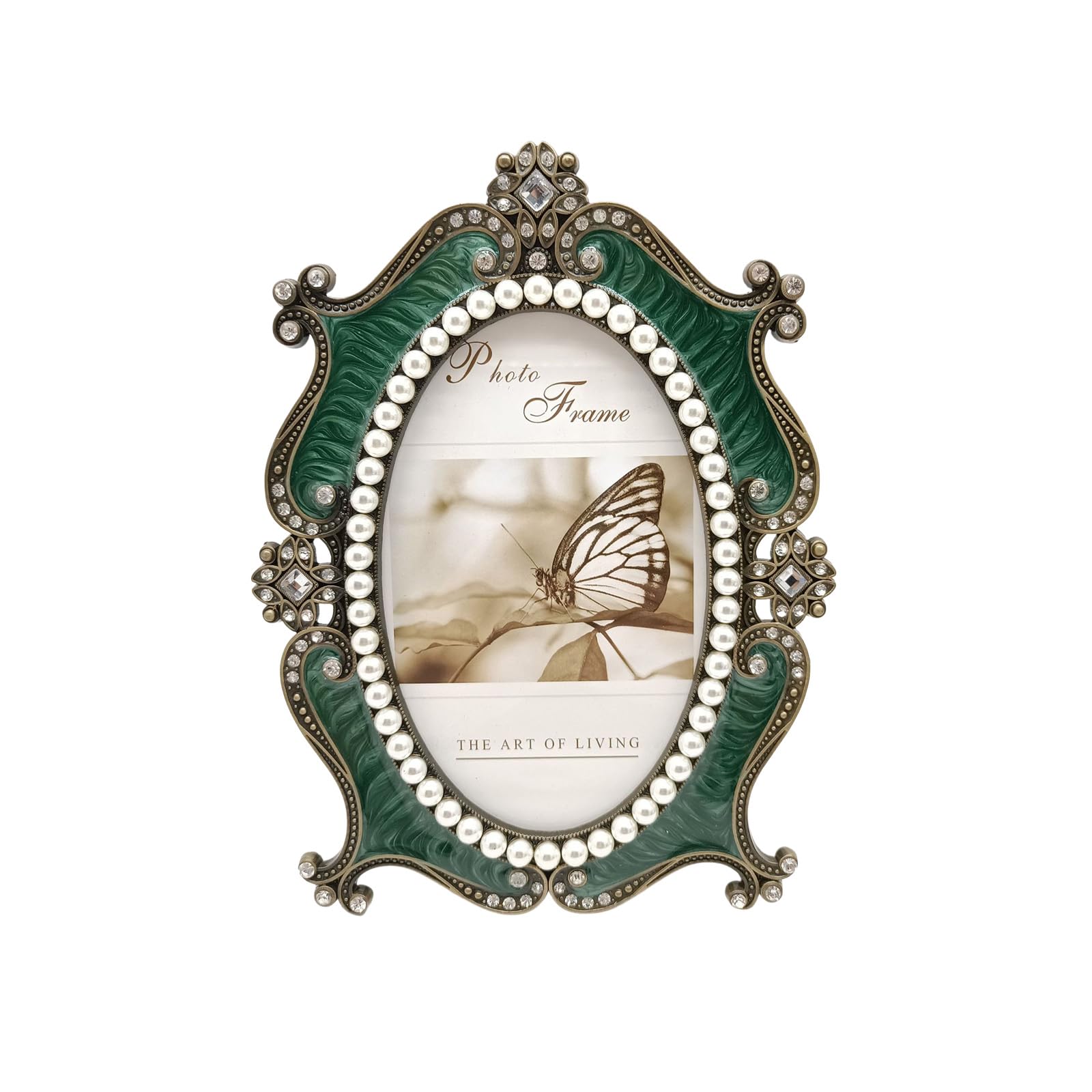 Decorative Ornate Antique Oval Photo Frame with Detailing Crystal Pearls Trimmed Picture Frame Tabletop Display Accent for Oval Pictures Holder Home Tabletop Shelf Decors