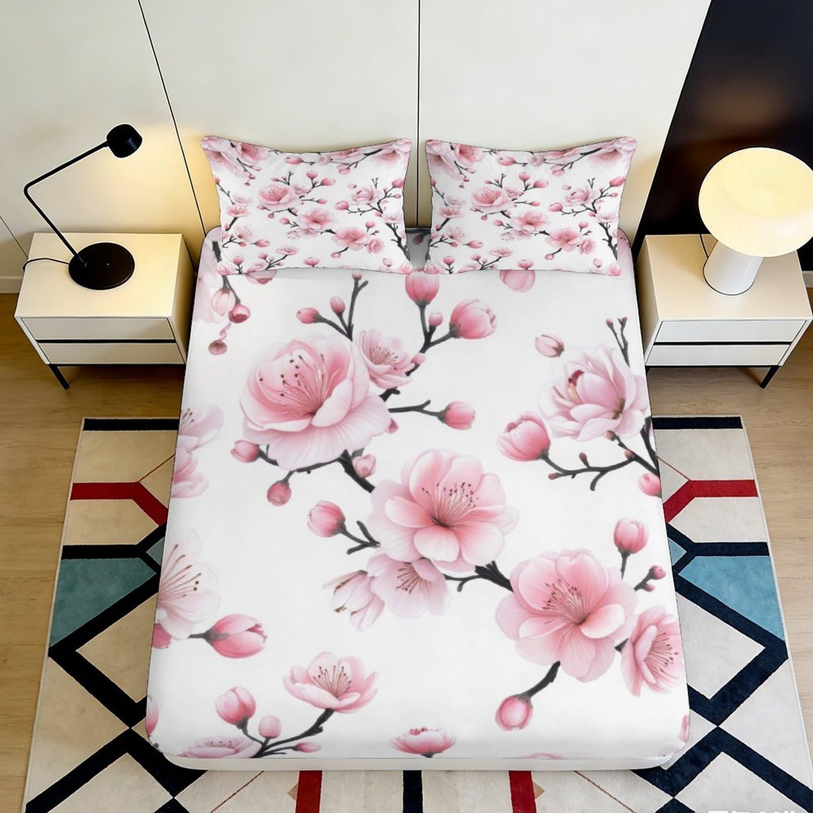 Pnayamiorkfel Style-4 3D Printed Pink Cherry Blossom Fitted Sheet Microfiber Soft Breathable Floral Bed Cover For Bedroom Dorm Mattress Decor 90X200x25cm
