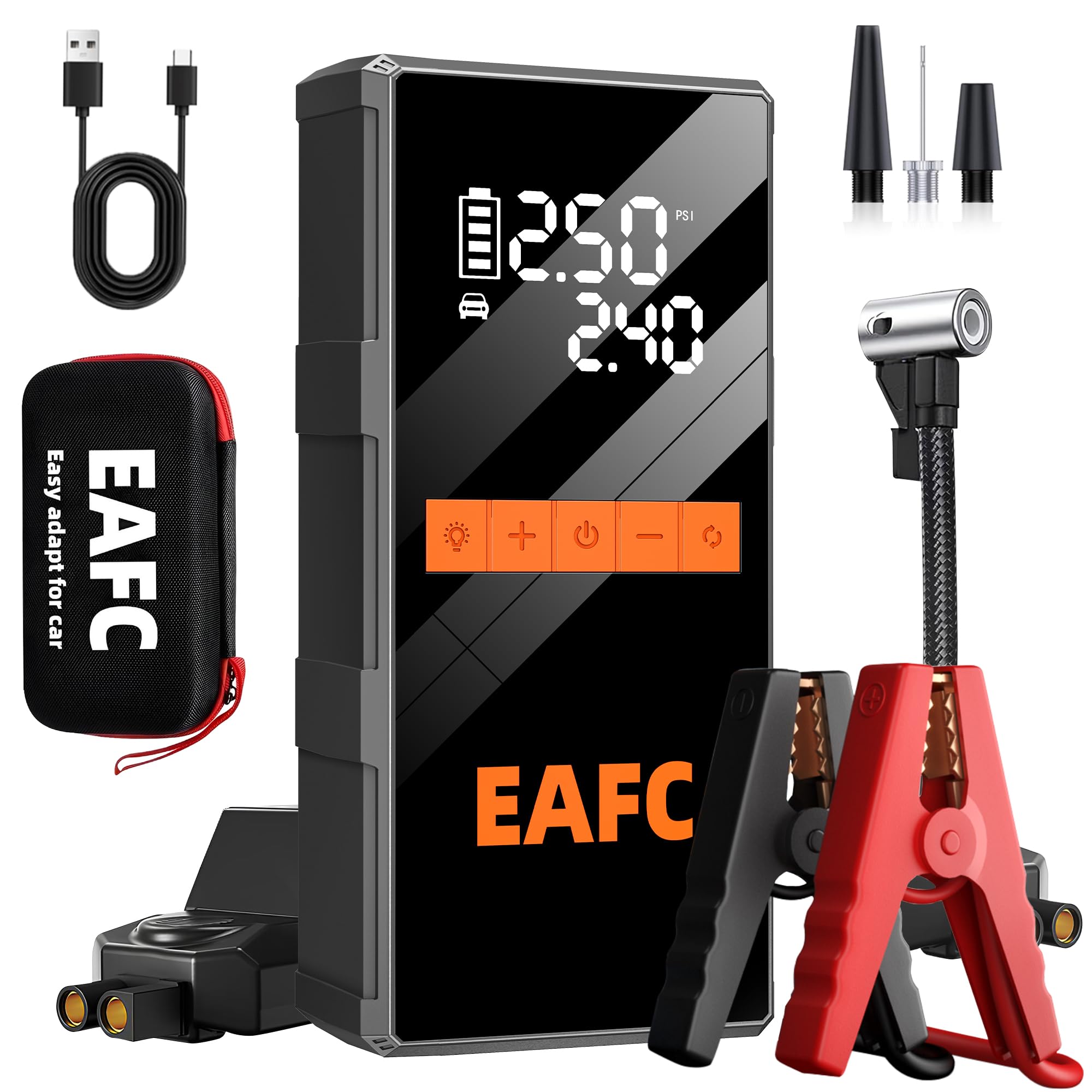 4000A Arrancador de Baterias de Coche con Compresor 150 PSI, Arrancador de Coches Portatil 12V (hasta 10L Gasolina/5L Diesel), Arrancador Bateria Moto con Pantalla LED, LED, USB-C, Bolso de Mano