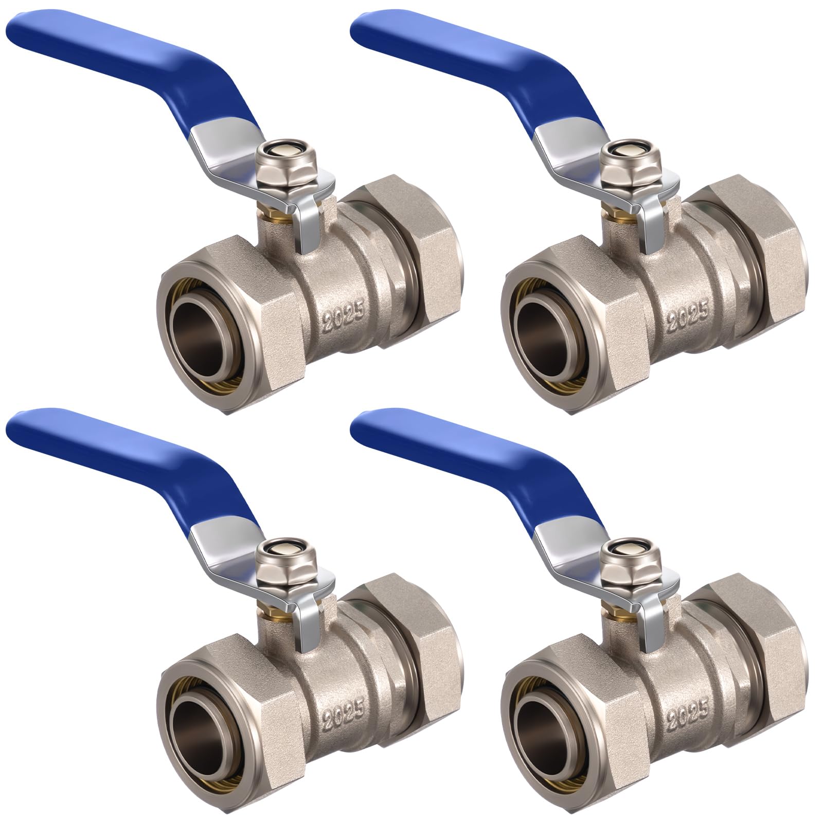 Hicarer 4 Pcs 3/4'' Air Piping Fittings, Brass Ball Valve, 3/4'' Shut-Off Fittings Fit for Shop Garage Compressed Air Piping System, 200 PSI Nickel Plated Brass (Blue)