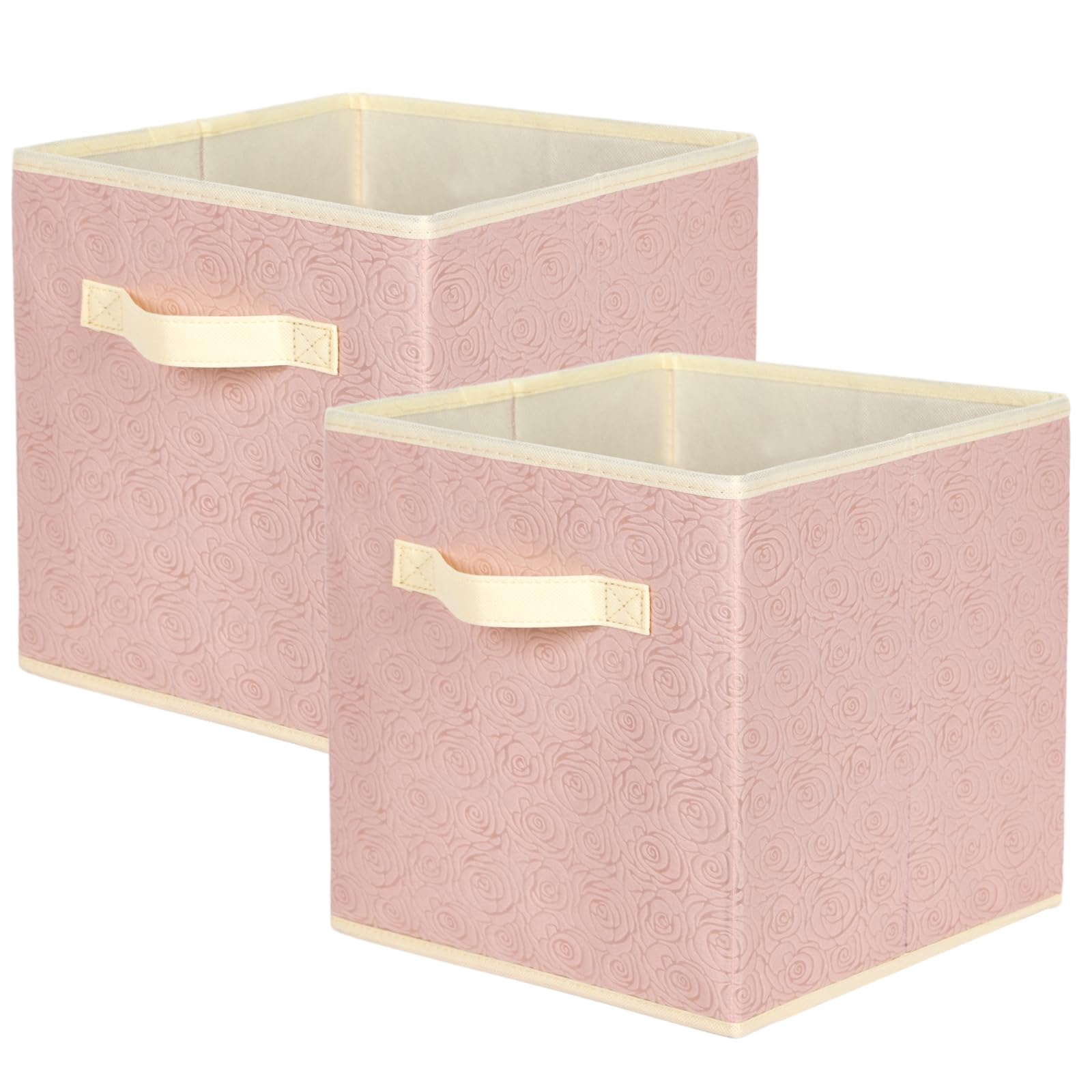 powerking Fabric Storage Box Bins, 2 Pack Foldable Cloth Storage Cube Organizer Drawer with 3D Embossed Rose Pattern For Closet And Toys Storage,27x27x28cm,Light Pink